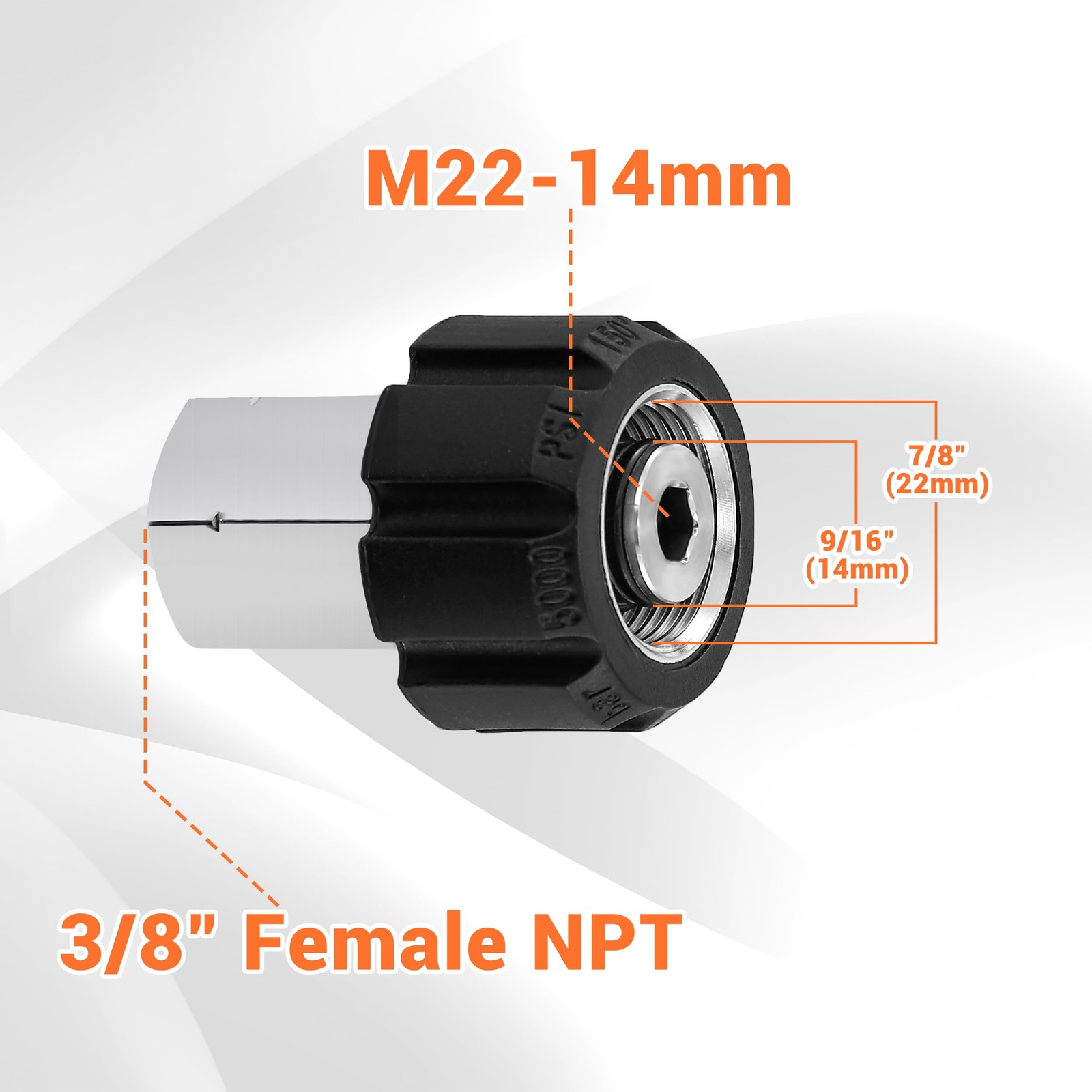 Pressure Washer Adapter M22 14mm Female Thread to 3/8”Female NPT Stainless Steel