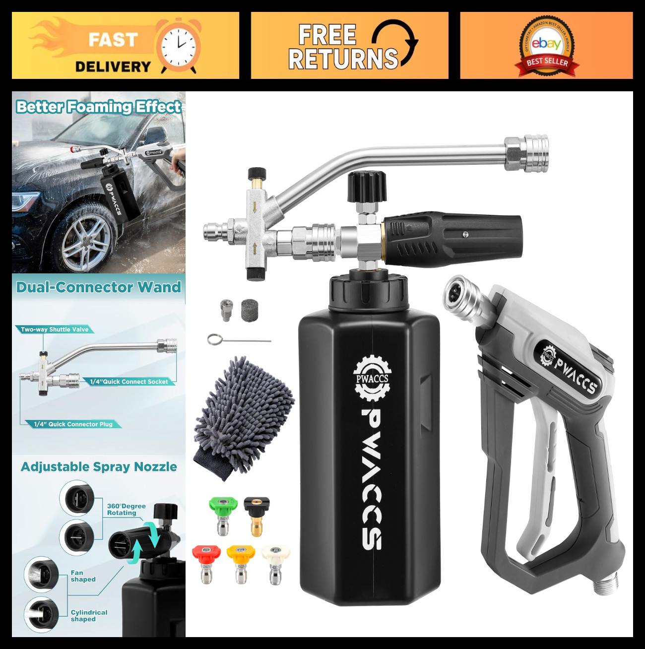 Pressure Washer Foam Gun Kit – Dual Connector, 4000 PSI, 1.5L Foam Cannon, Car W