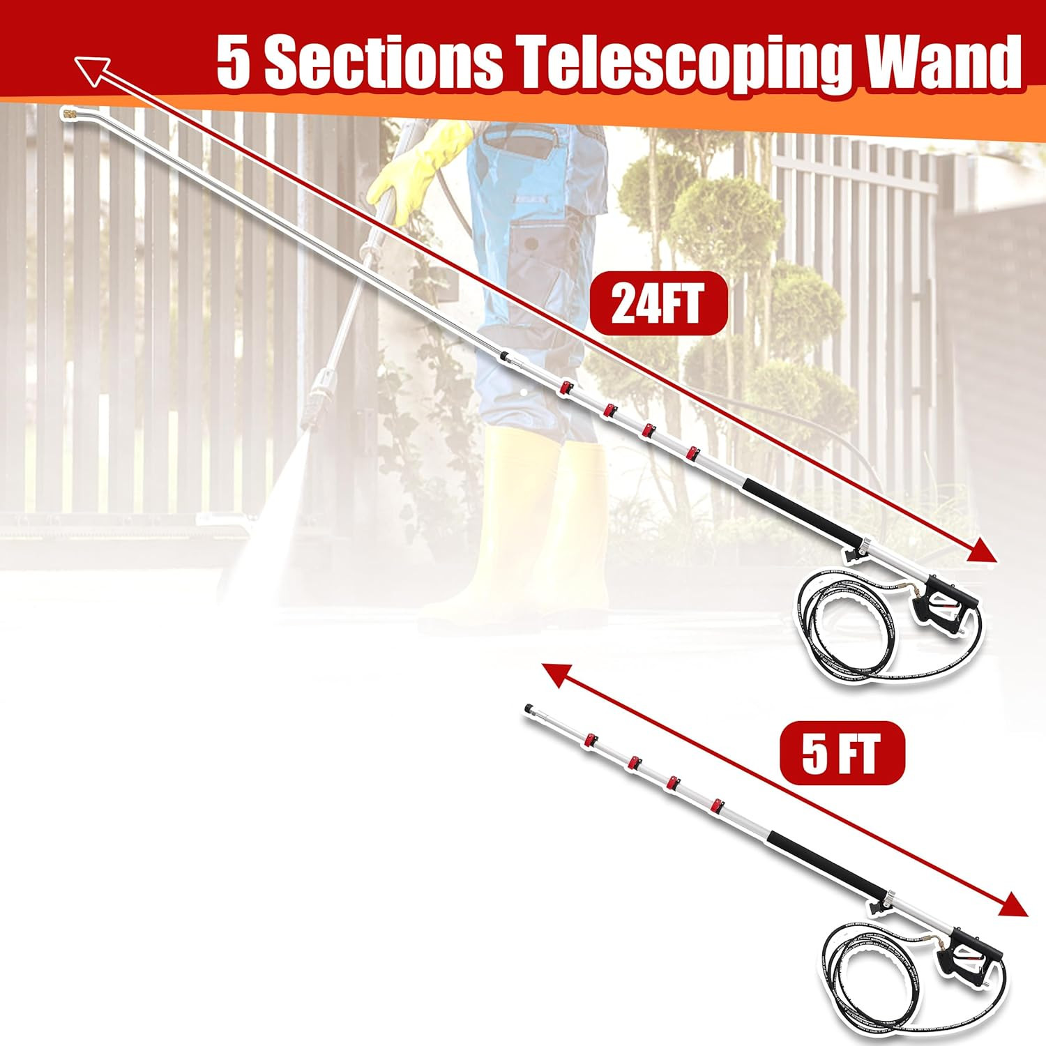 24 FT Telescoping Pressure Washer Wand, Pressure Washer Extension Wand, Telescop