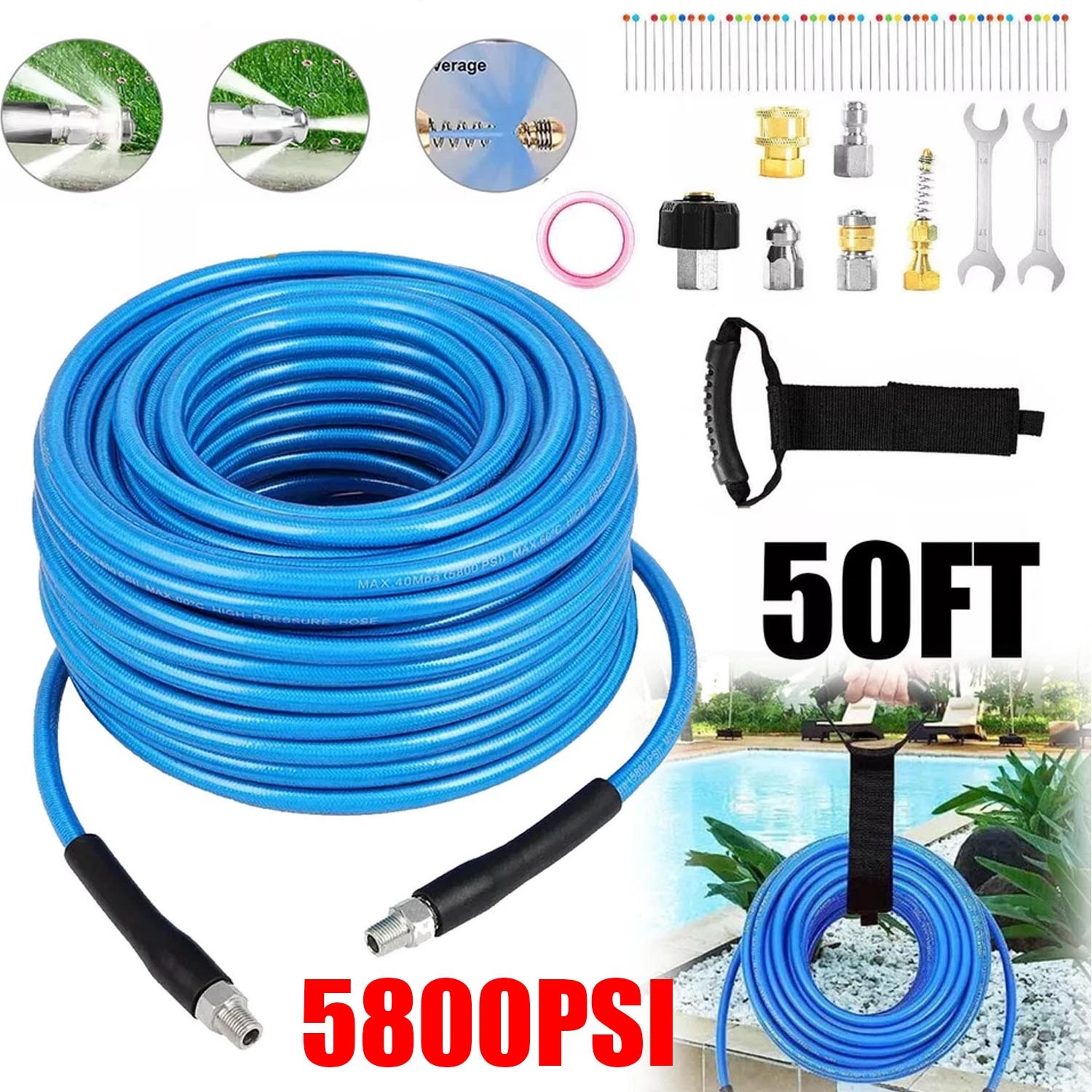 50FT 1/4″ M-NPT 5800PSI Drain Cleaner Hose Sewer Jetter Kit for Pressure Washer