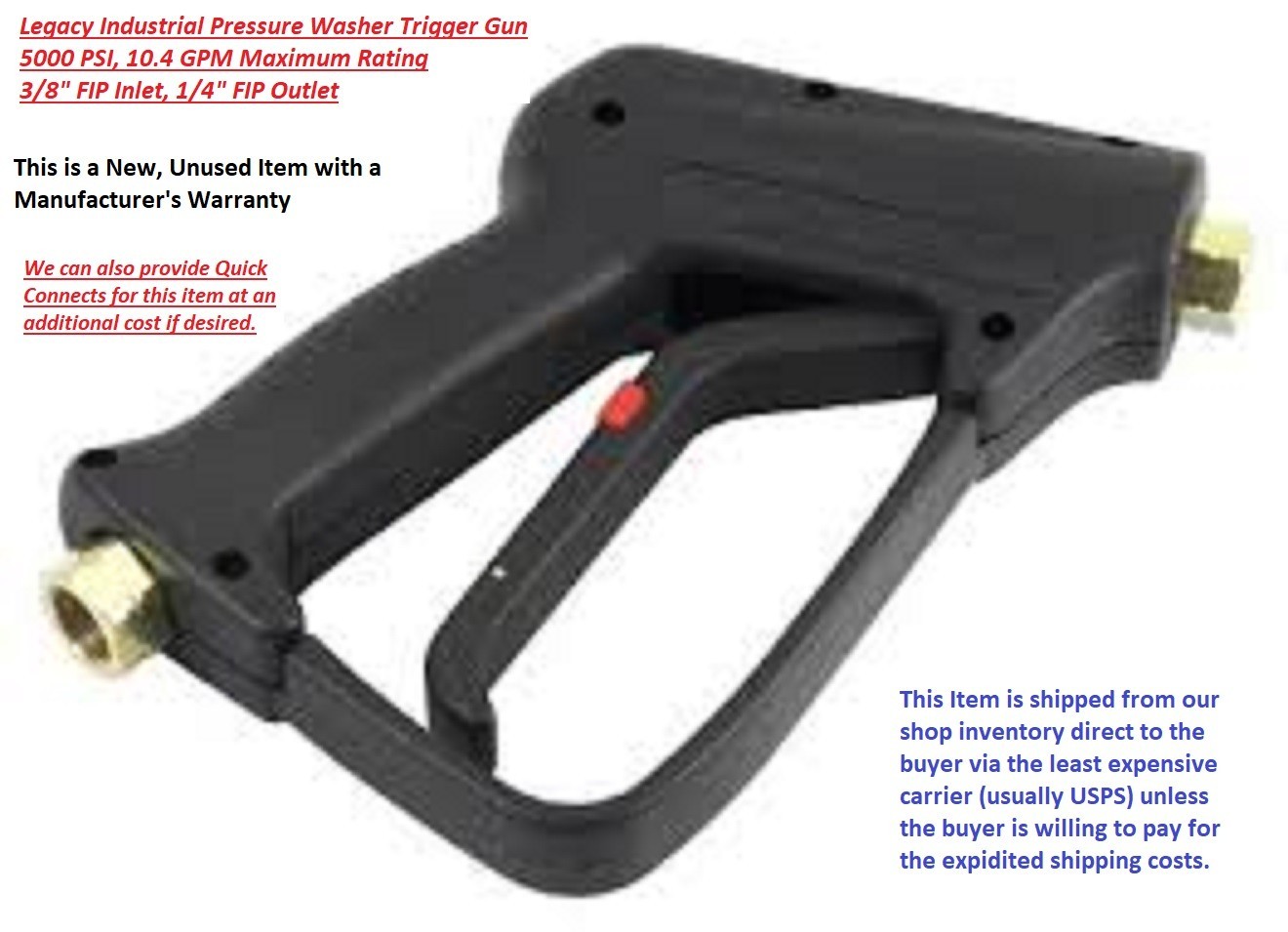 Pressure Washer Trigger Gun, Legacy Ind. 5000 PSI-10.4 GPM, 3/8″ Inlet, 1/4″ Out