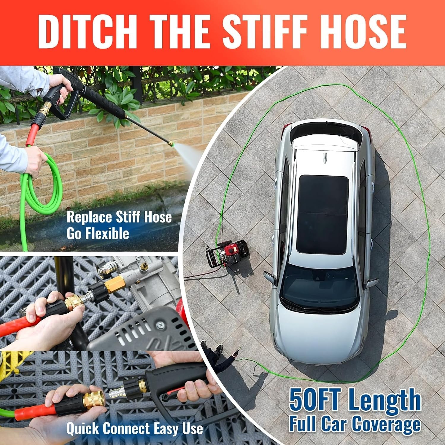 Super Flexible 50FT Pressure Washer Hose – 3200 PSI with Quick Connect Adapters