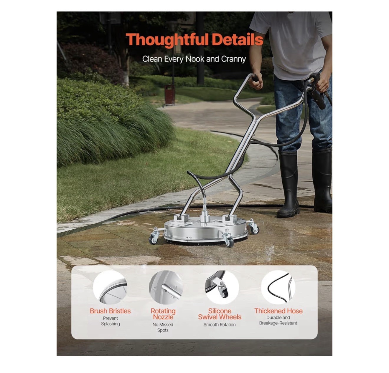 VEVOR 18″ Pressure Washer Surface Cleaner 4000PSI Stainless Steel w/ Dual Handle