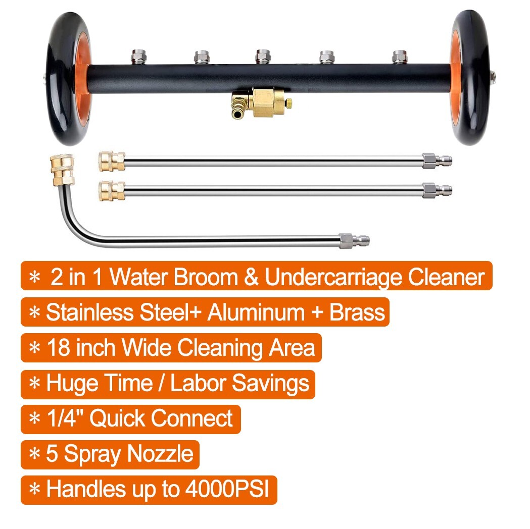 2in1 Water Broom Surface Cleaner Undercarrige Pressure Washer Brush 5 Nozzle 18″