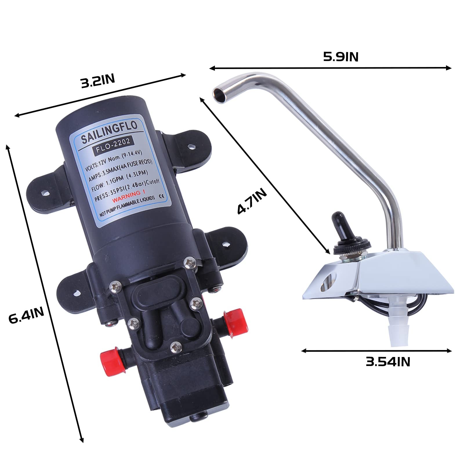 12V RV Water Pump – 35Psi, 1.0GPM with Pressure Switch & 360 Rotatable Faucet…
