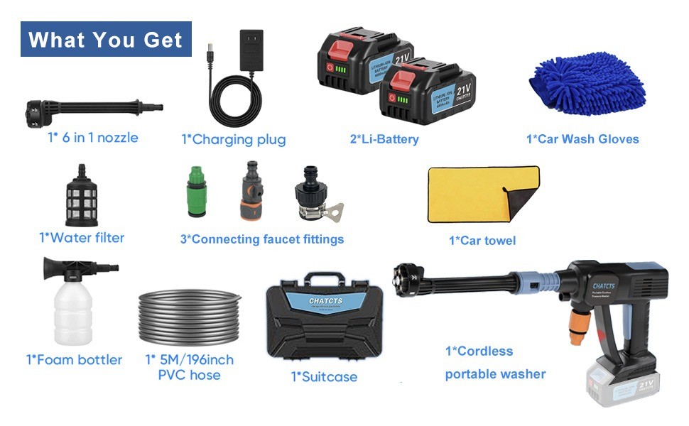 Cordless Portable Pressure Washer 2 Batteries 6-in-1 Nozzle Car Floor Cleaner