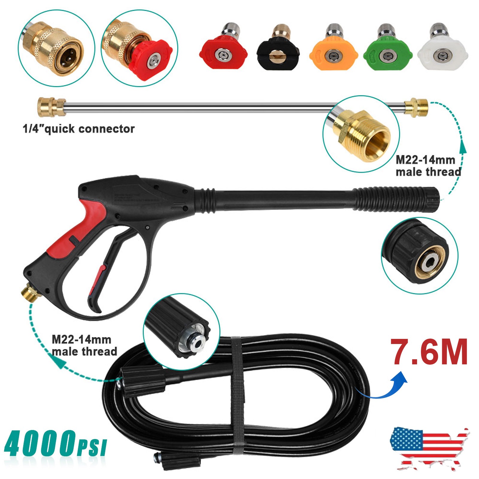 High Pressure 4000PSI Car Power Washer Gun Spray Wand Lance Nozzle Hose Tool Kit