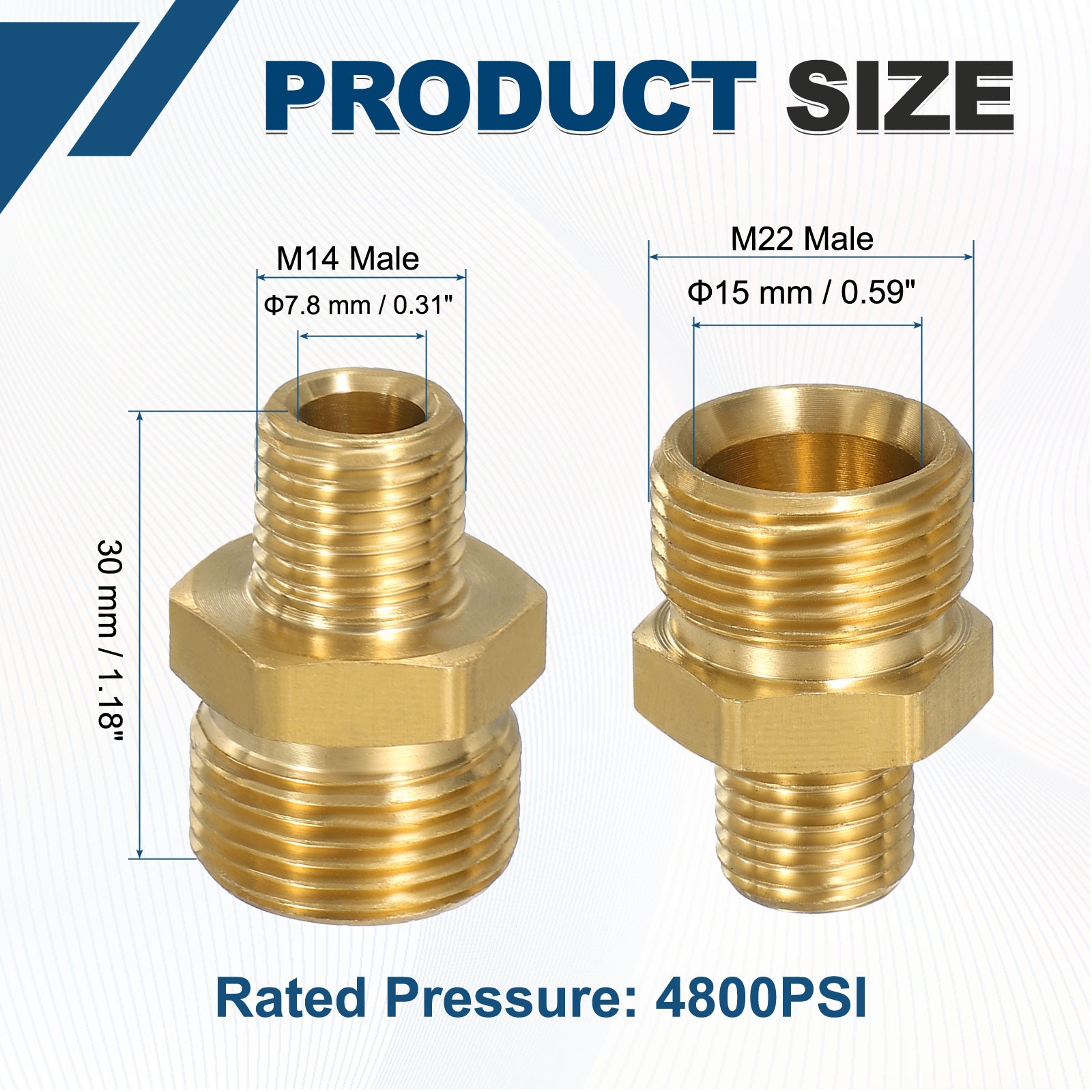 2PCS Pressure Washer Connector M22 Male to M14 Male Flat 4800PSI Copper