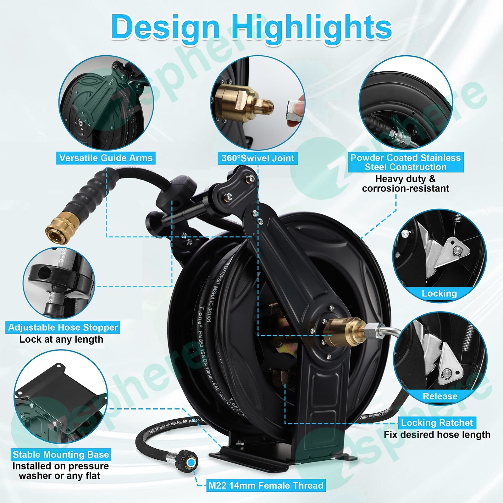 Pressure Washer Hose Reel Kit | 50′ Rubber Steel Hose and 4′ Jumper with 3/8″ QC