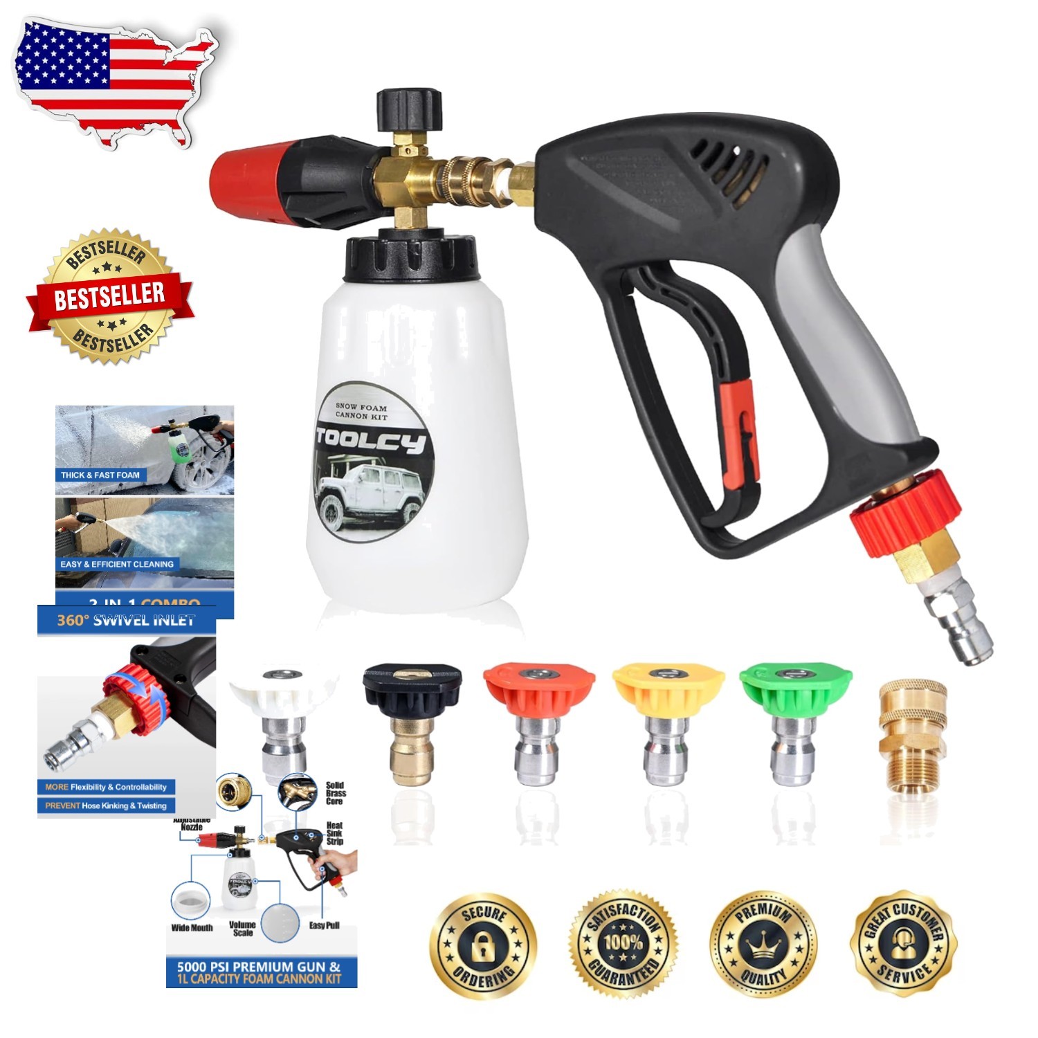 Pressure Washer Foam Cannon Kit 5000 PSI Industrial Grade Gun 5 Nozzles