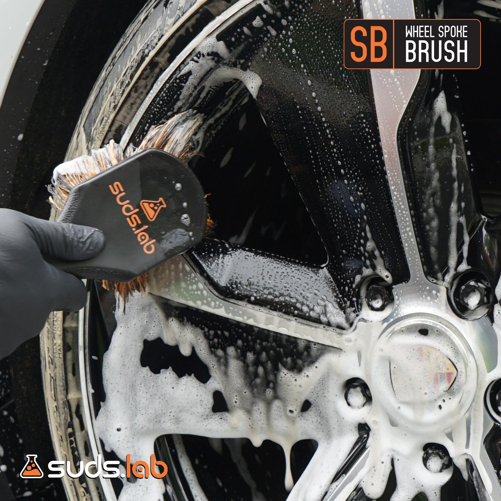 Suds Lab SB Wheel Spoke Tire Brush, Soft Bristle Black and Brown