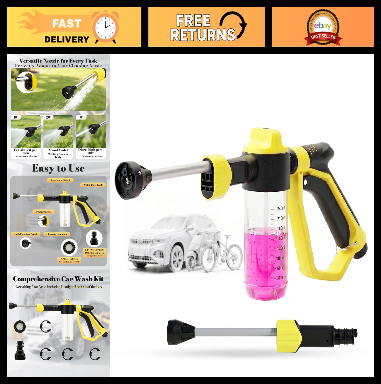 High Pressure Foam Gun for Garden Hose – 3 Spray Modes Car Wash Kit for Cars, Tr