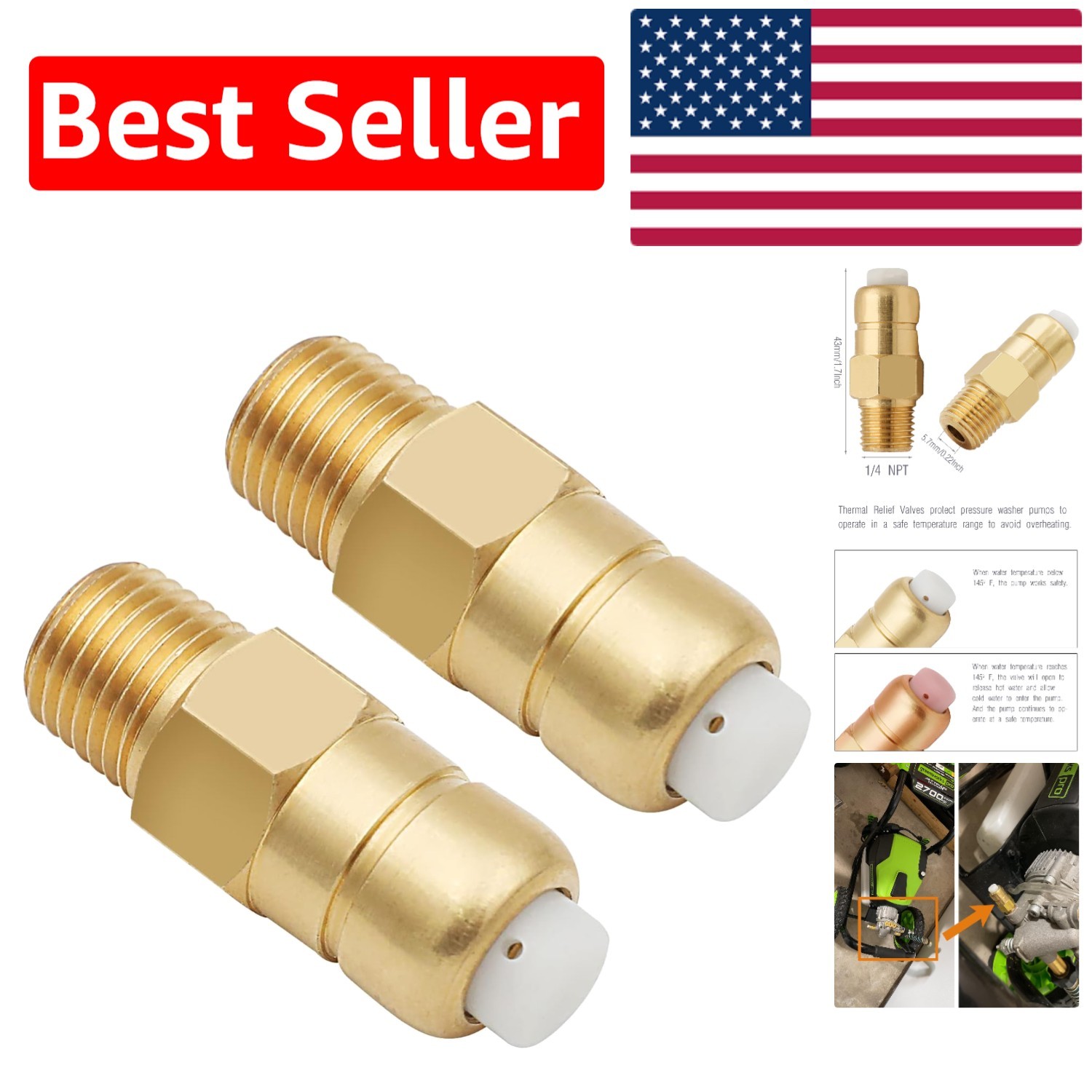 Heavy Duty 1/4″ NPT Thermal Relief Valve for Pressure Washer Protection – 4 Pack