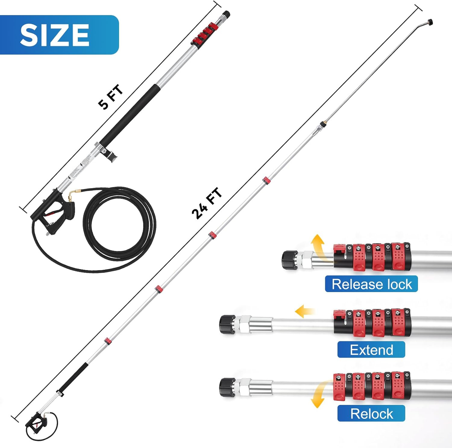 Telescoping Pressure Washer Wand 24 FT, Gutter Cleaning Tool with Brush, Power W