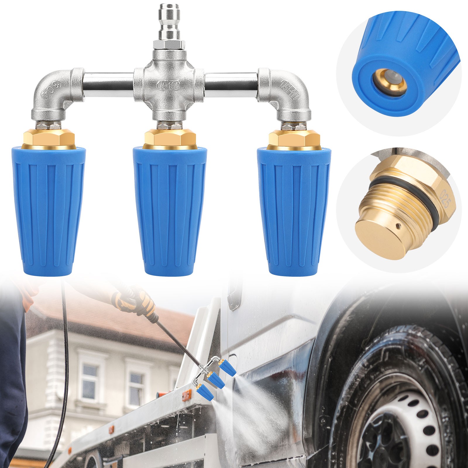 3-in-1 High-Pressure Washer Nozzle Triple Spray Head 4000 PSI 1/4″ Quick Connect