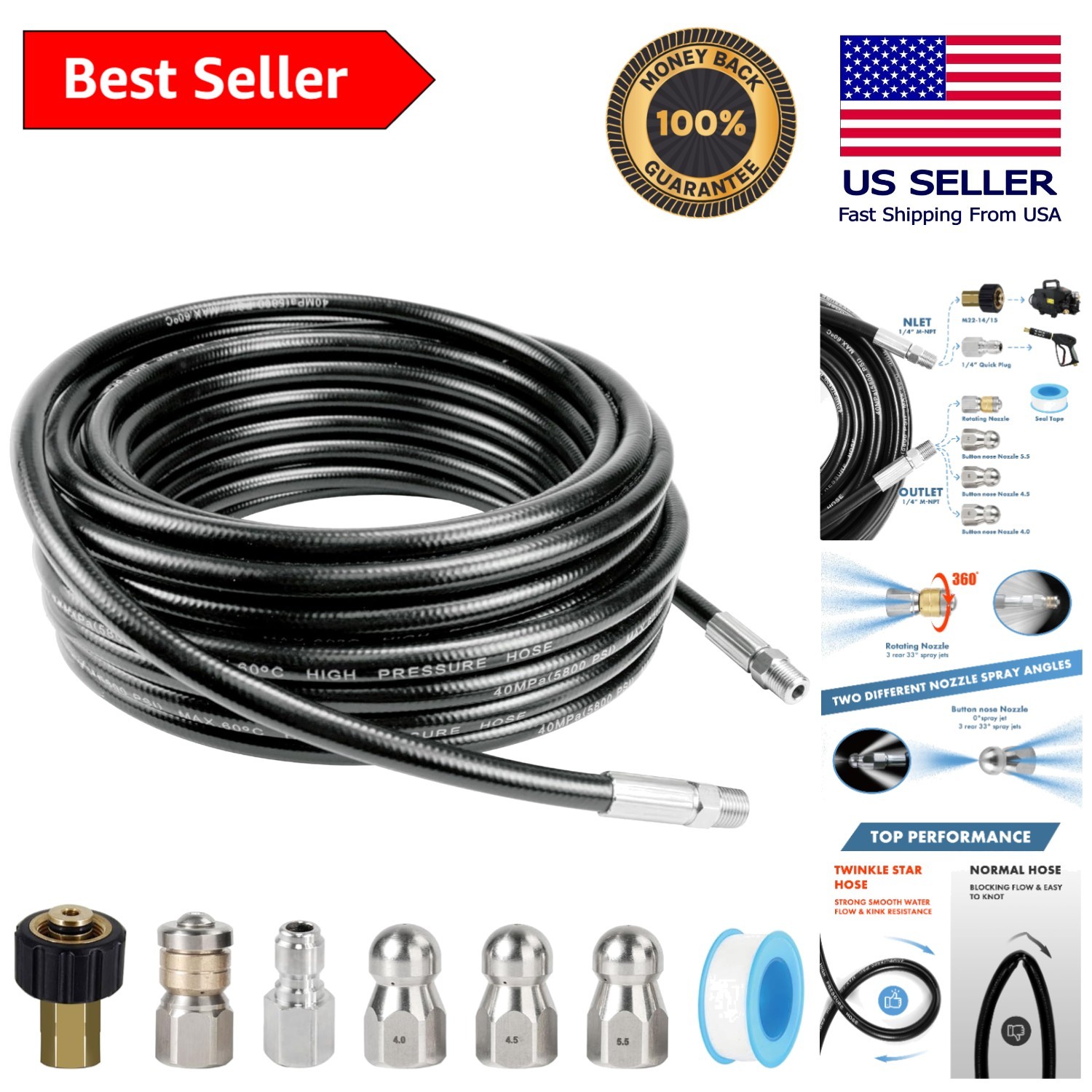 50FT Sewer Jetter Kit for Pressure Washers – 5800 PSI Drain Cleaning Solution