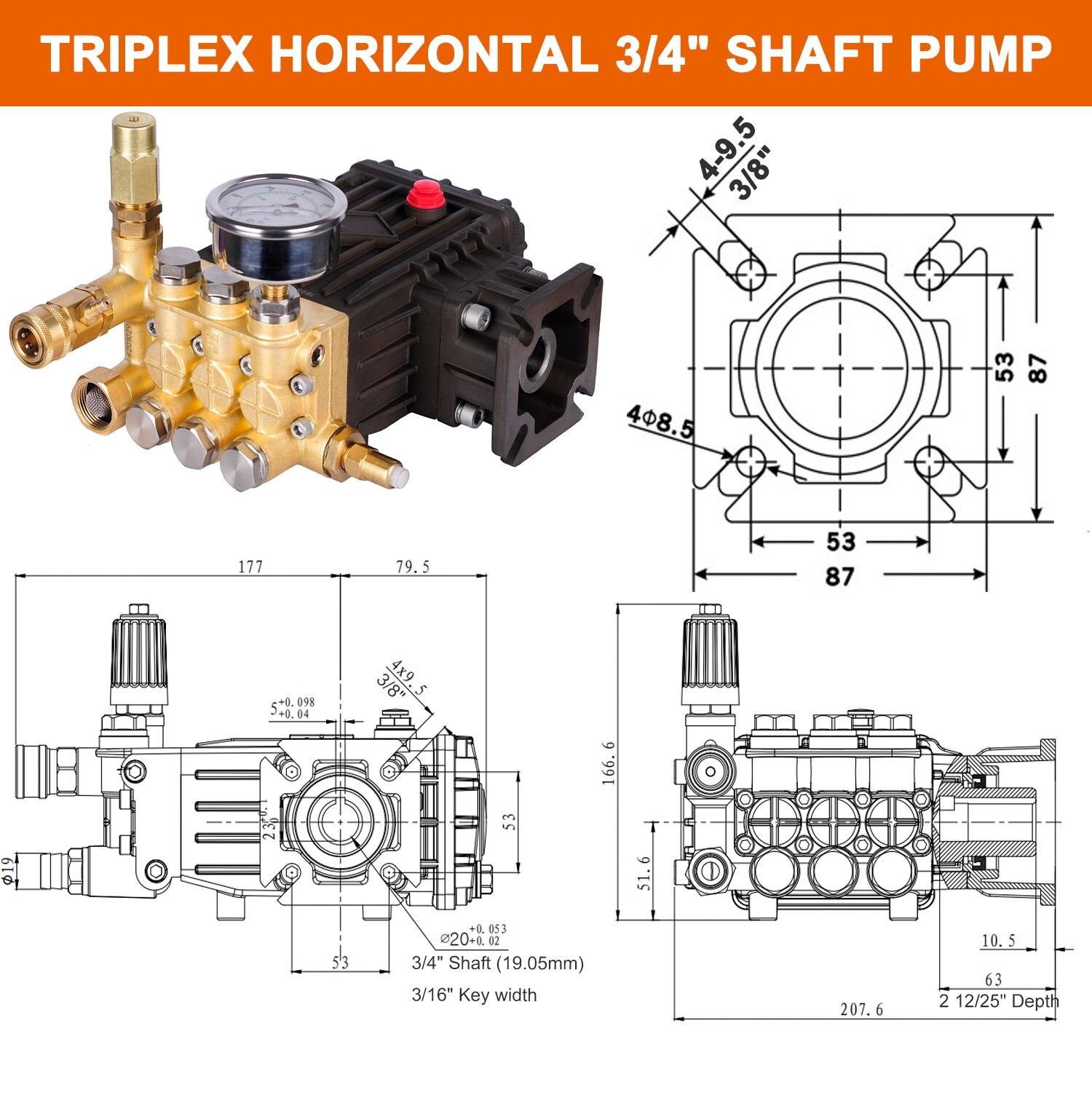 Pressure Washer Pump Power Washer Pump 3/4″ Horizontal 3000 PSI 3.5 GPM