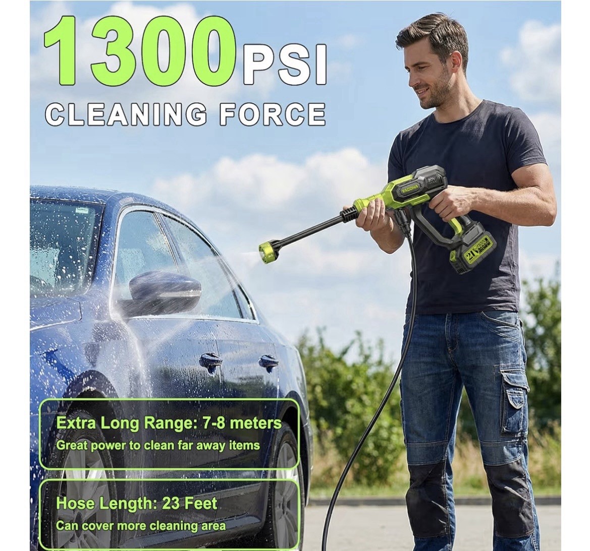 Cordless Portable Pressure Washer, 3 Modes, 23ft Hose, 6-in-1 Nozzle, Car
