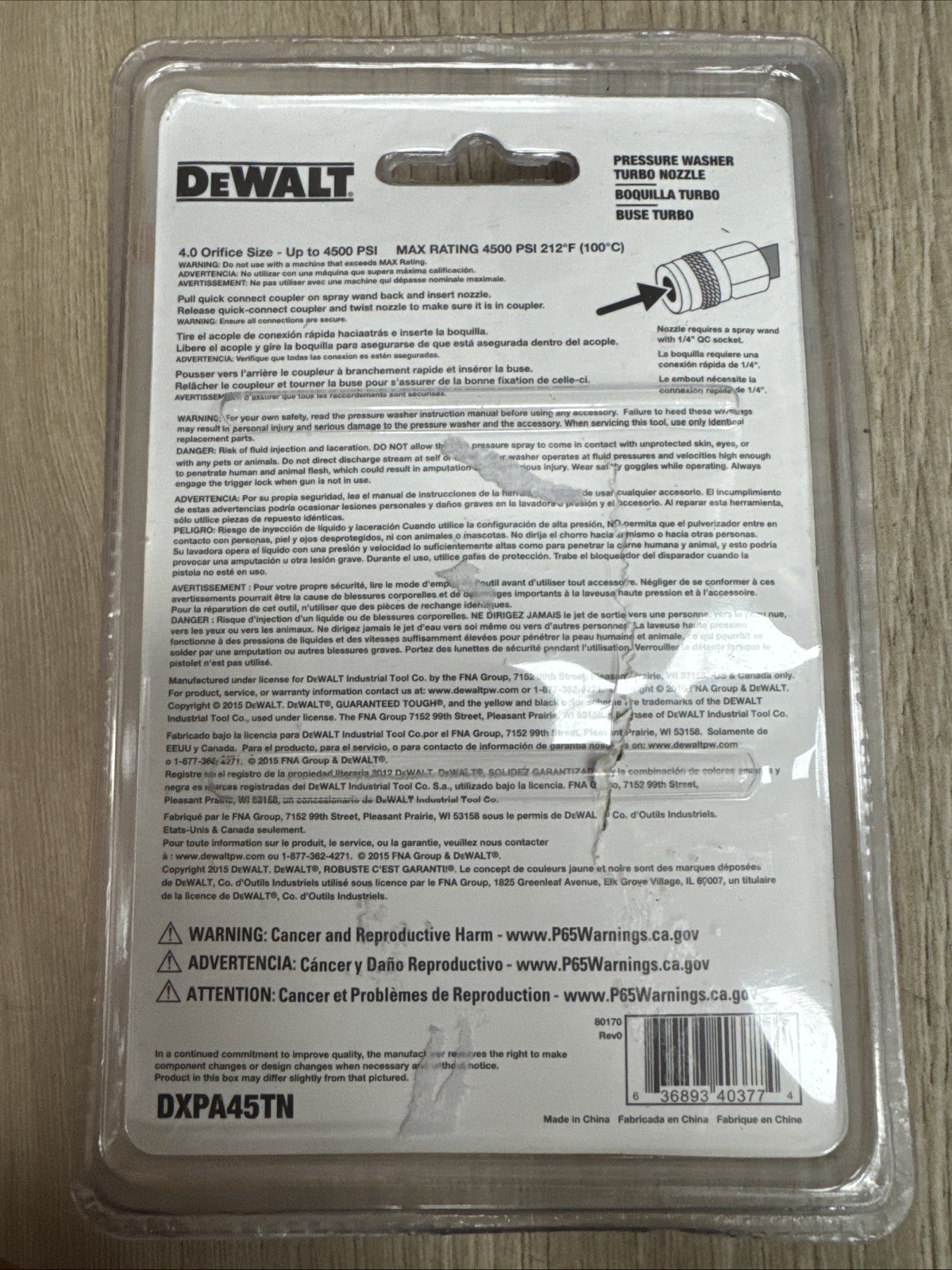 Dewalt DXPA45TN 4500 PSI Pressure Washer Turbo Spray Nozzle