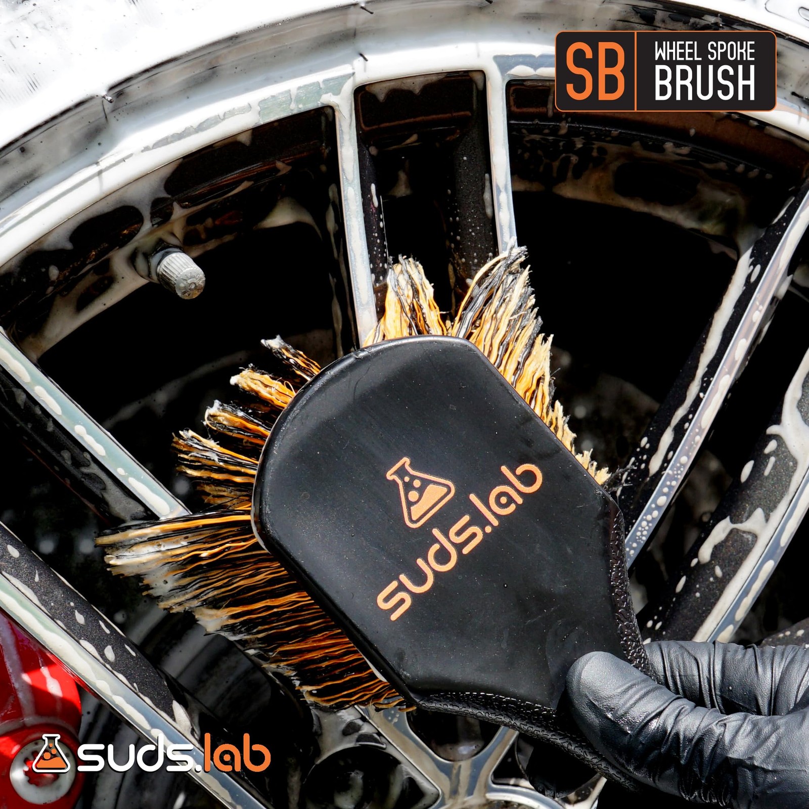 Suds Lab SB Wheel Spoke Tire Brush, Soft Bristle Black and Brown