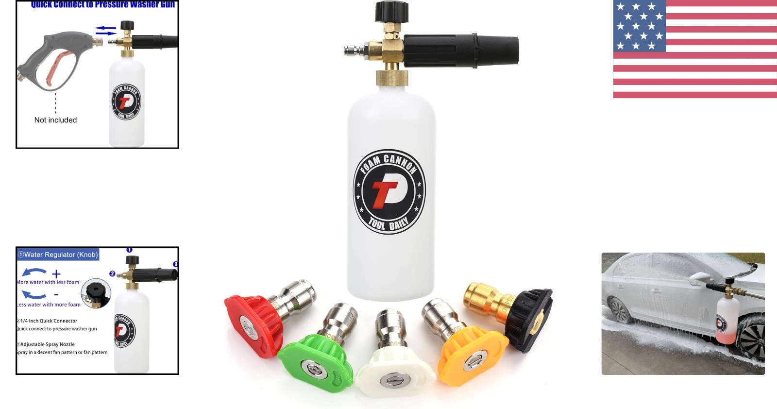 Adjustable Foam Cannon with 1/4 Inch Quick Connector & 5 Nozzle Tips – 1 Liter