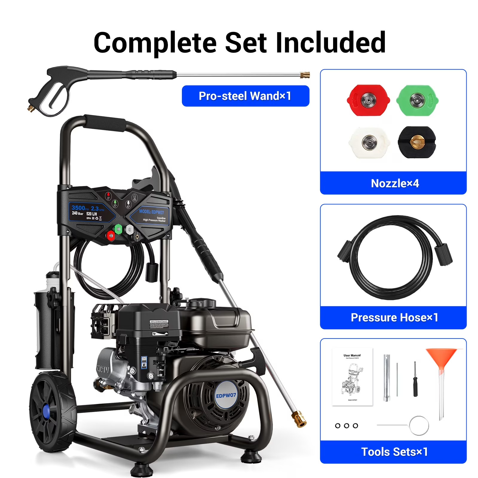 Efurden 3500PSI 2.3GPM Gas Pressure Washer, 209CC 7HP Engine