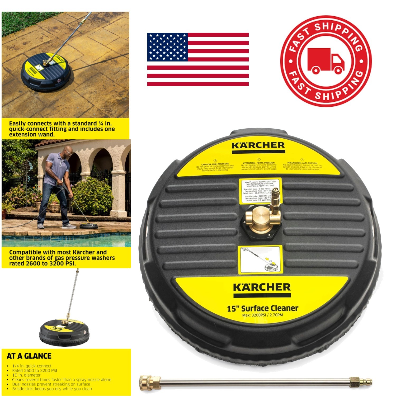 High Efficiency 15 Inch Surface Cleaner Compatible with 2600 to 3200 PSI Washers