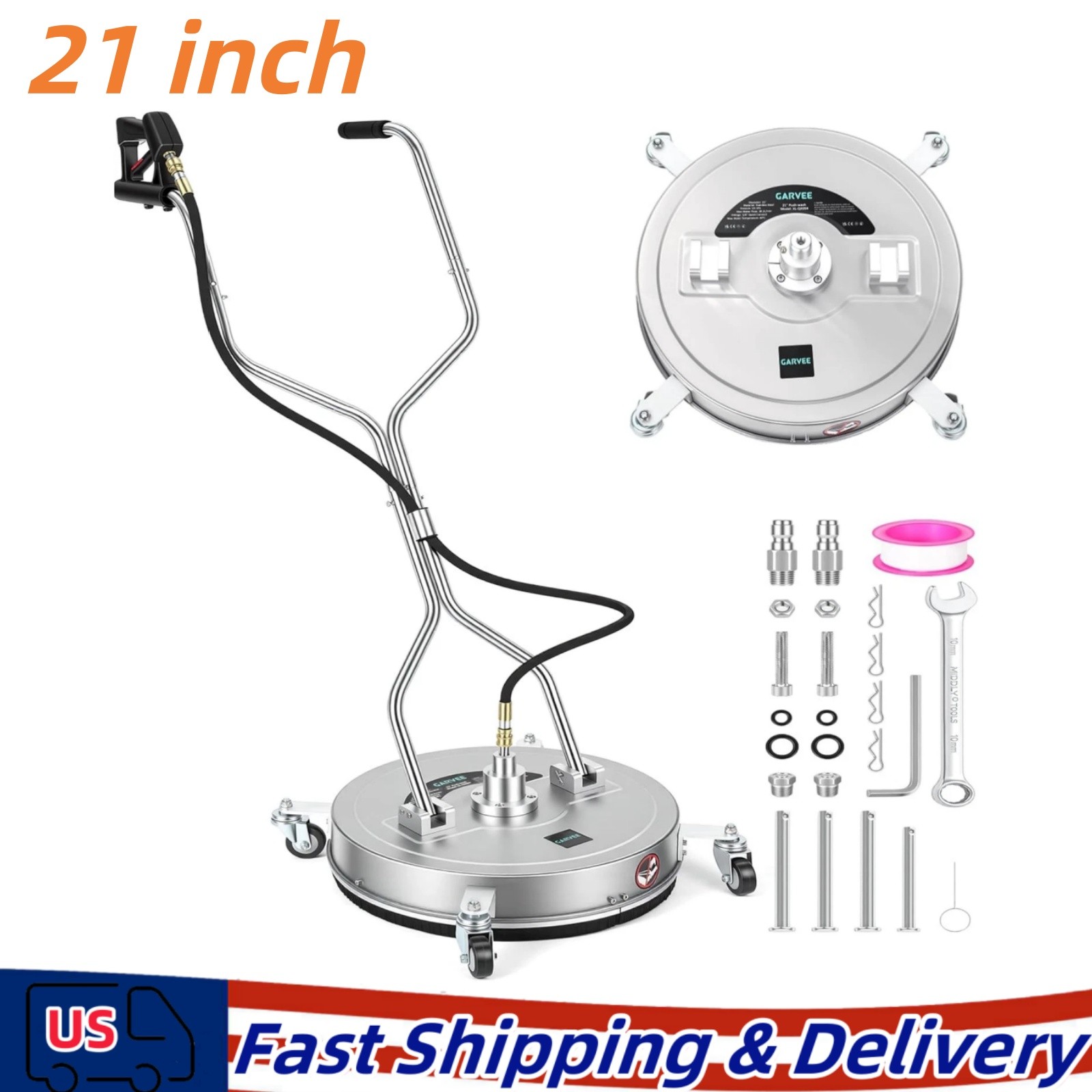 21″ Stainless Steel Pressure Washer Flat Surface Cleaner with Wheels