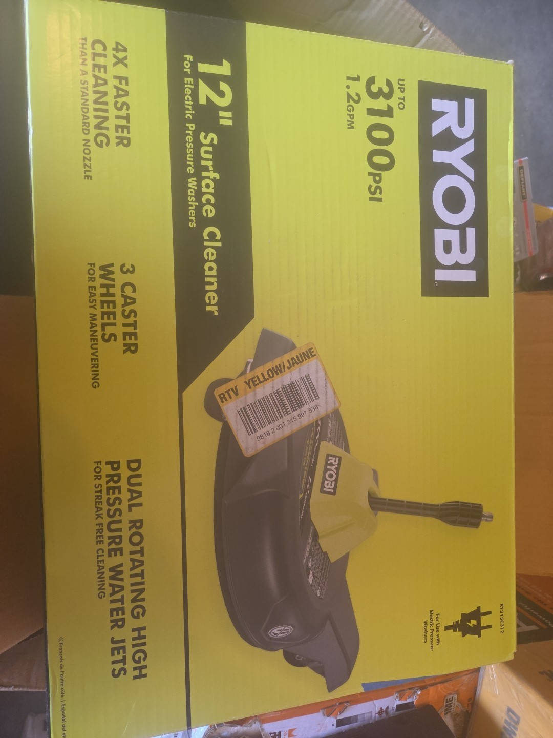 RYOBI 12 in. 3100 PSI Electric Pressure Washer Surface Cleaner with Caster