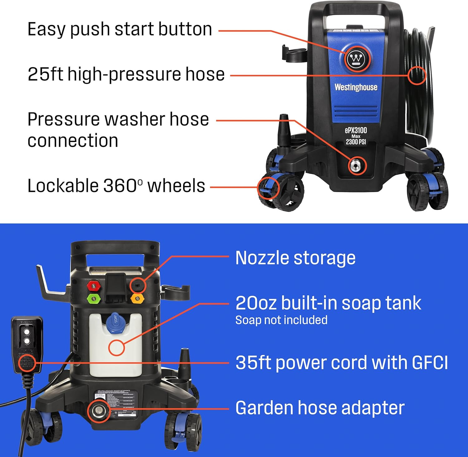 Westinghouse Epx3100 Electric Pressure Washer, 2300 Max PSI 1.76 Max GPM with An