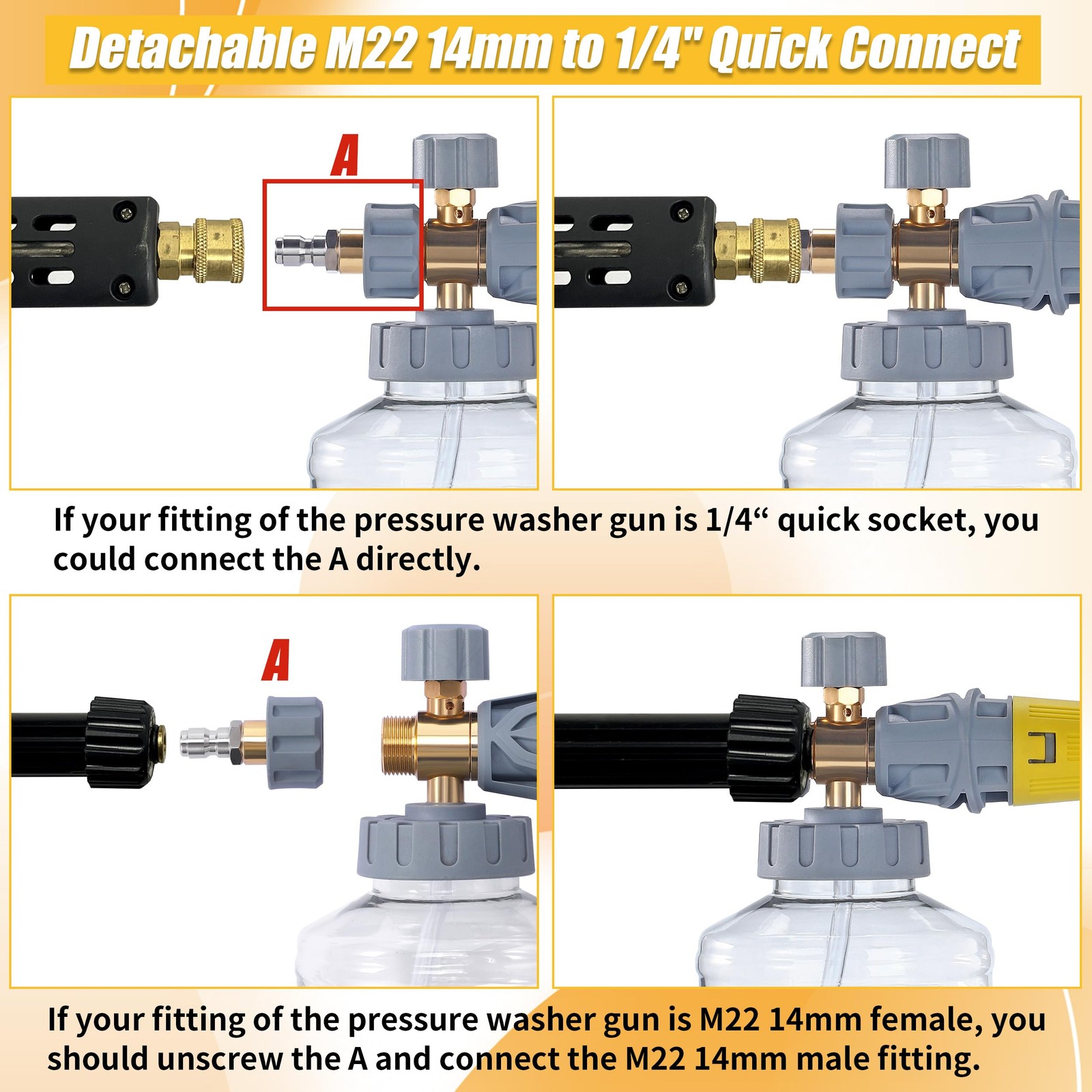 Foam Cannon Pressure Washer Dual Connector M22 1/4 Quick Connect 1,5L