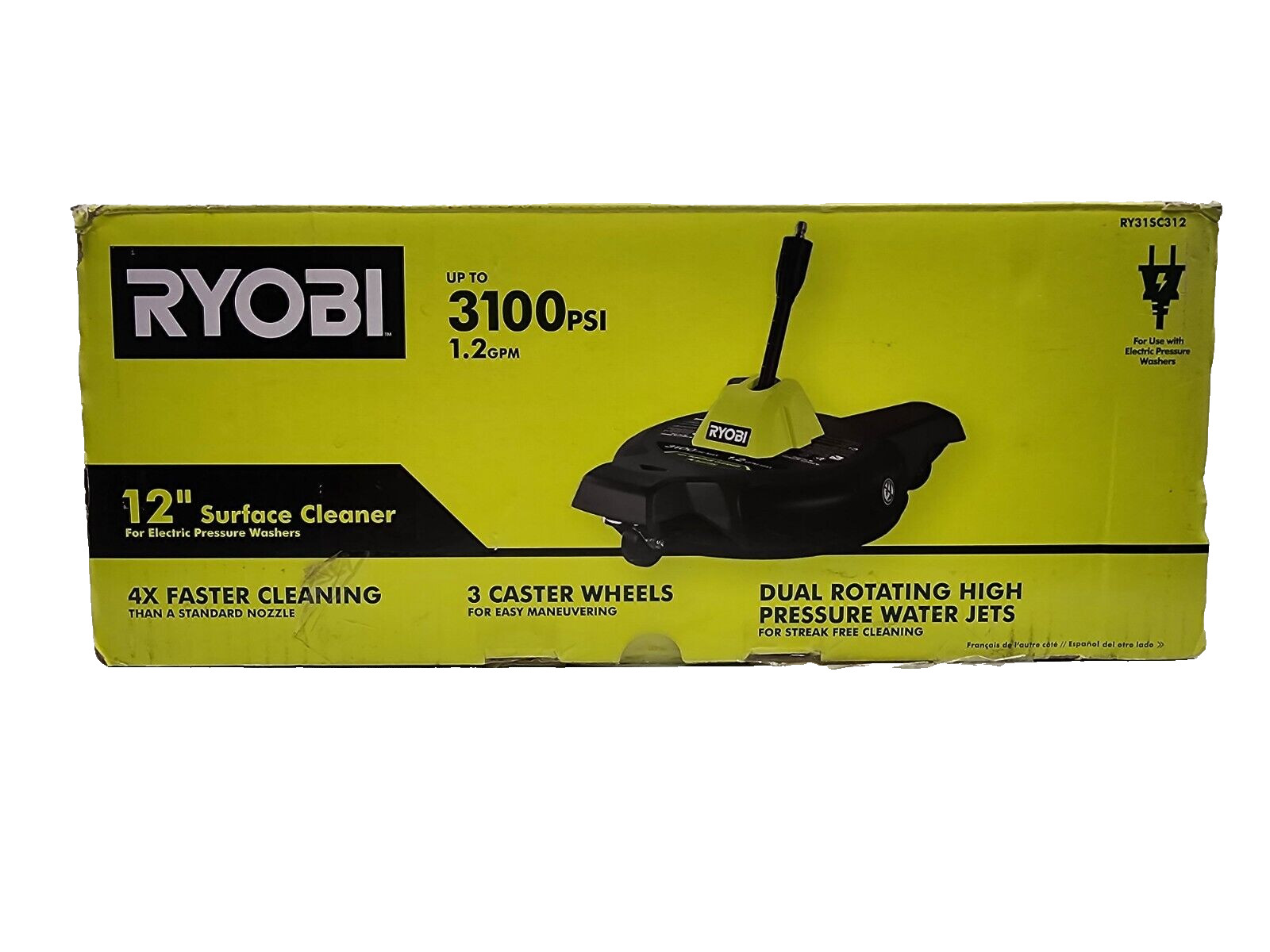 RYOBI 12 in. 3100 PSI Electric Pressure Washer Surface Cleaner with Caster
