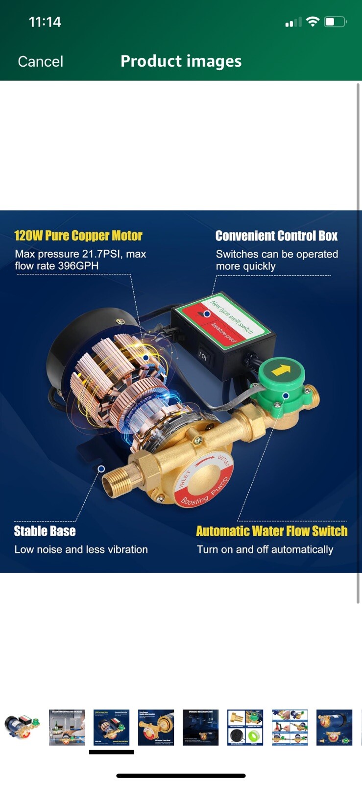 120W Water Pressure Booster Pump 115V 21.7 PSI with Automatic Flow Switch BrasNt