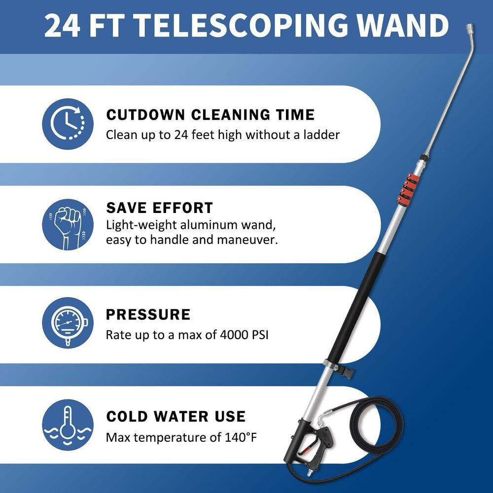 24 Ft. Telescoping Pressure Washer Sprayer Wand Kit with Extension Pole, Gutter