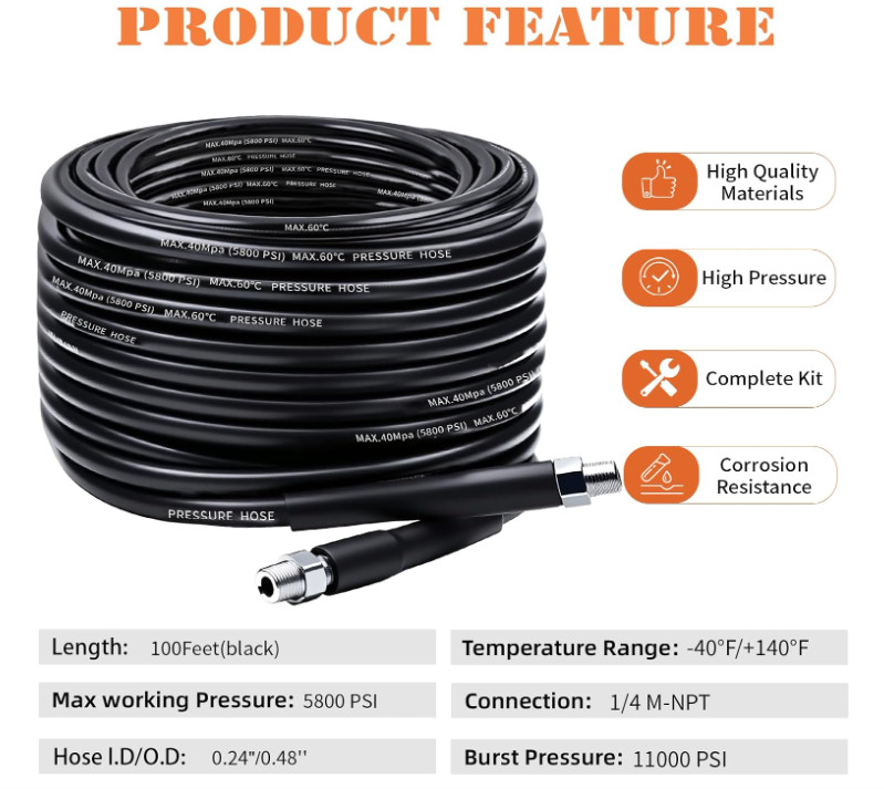 Kit Limpiador de Tuberías 100FT para Hidrolavadora 5800 PSI con Boquillas