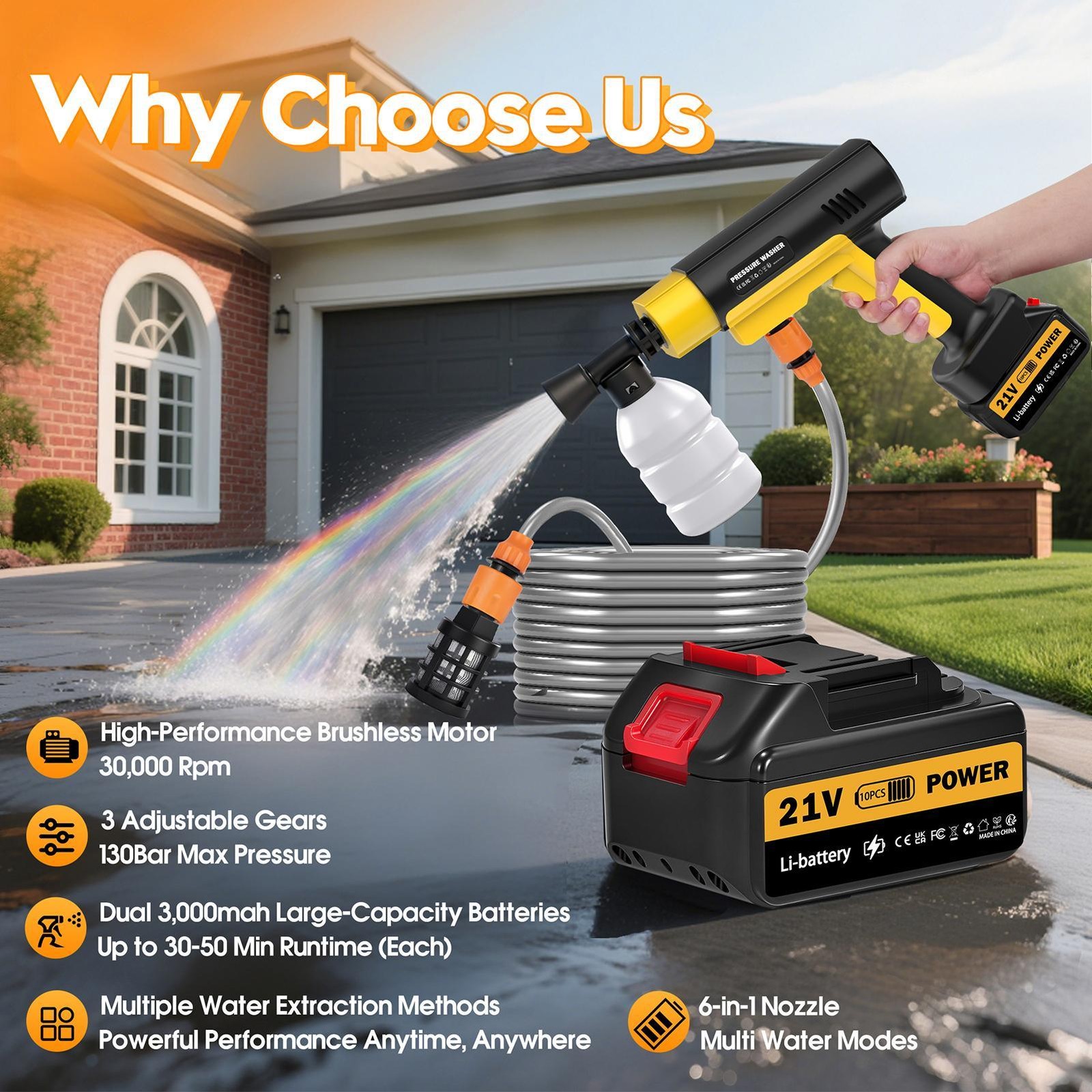 Cordless Portable High Pressure Water Spray Gun Car Washer Cleaner Tool 21V