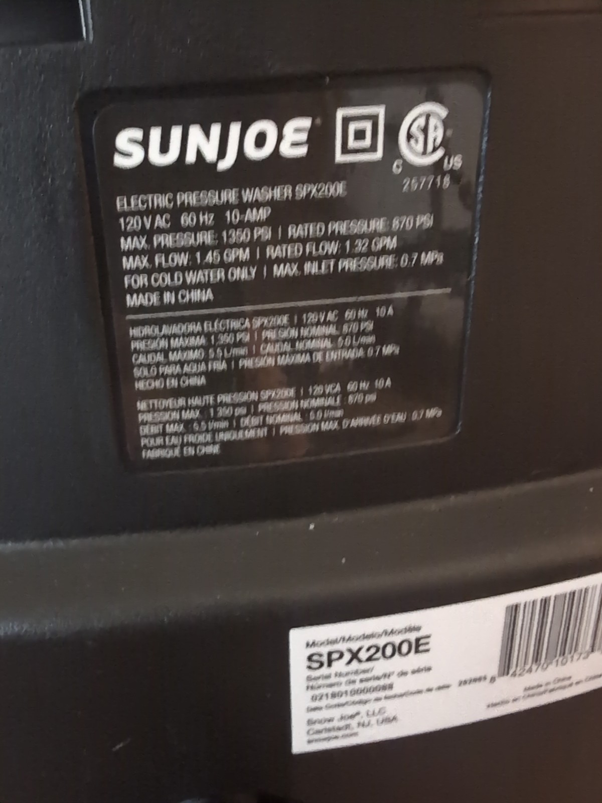Sun Joe Electric Pressure Washer SPX 200e 120 Volt AC 60 HZ 10 Amp