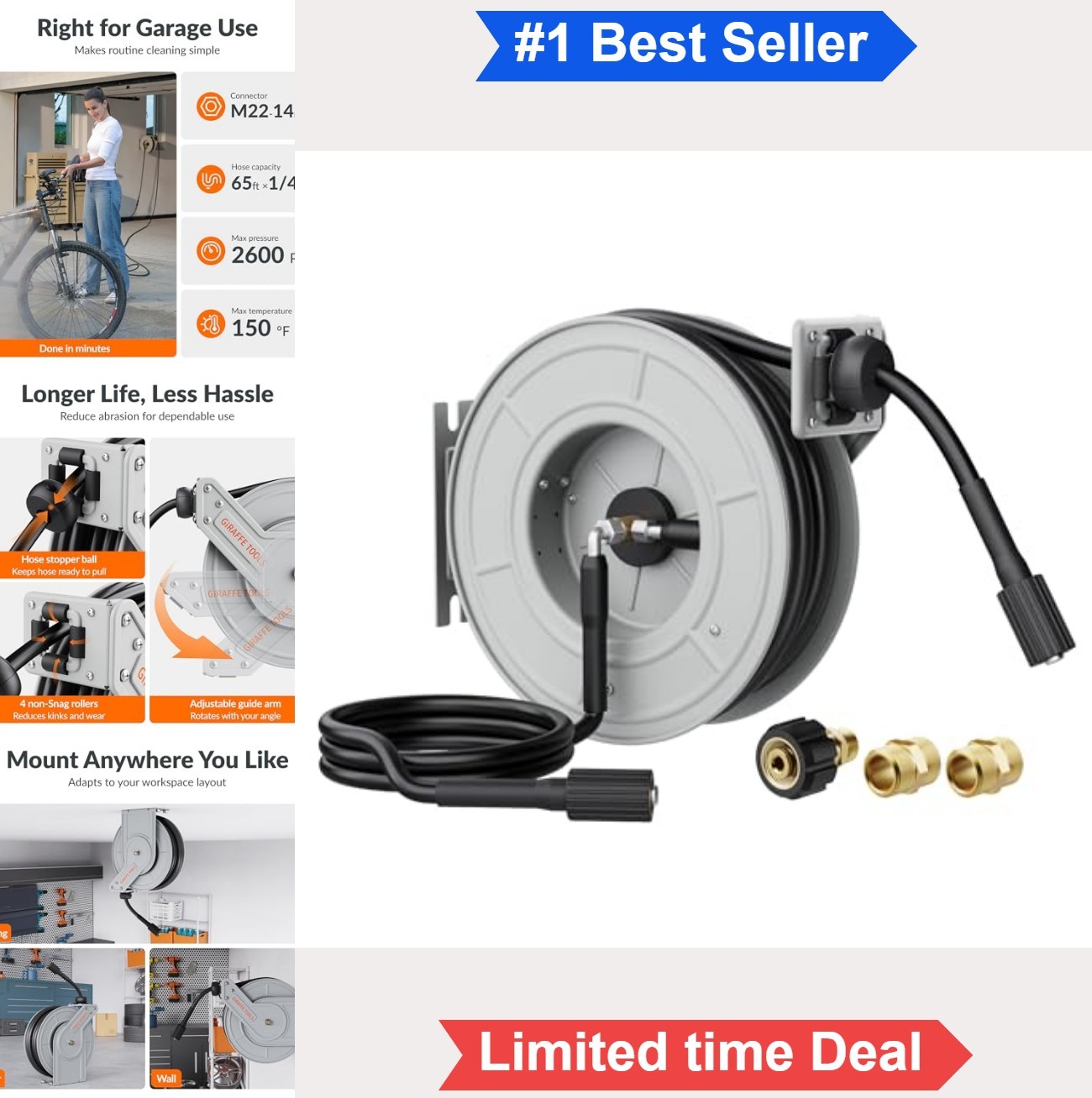 Retractable Pressure Washer Hose Reel 65ft 2600PSI Auto Rewind Wall Mount Steel