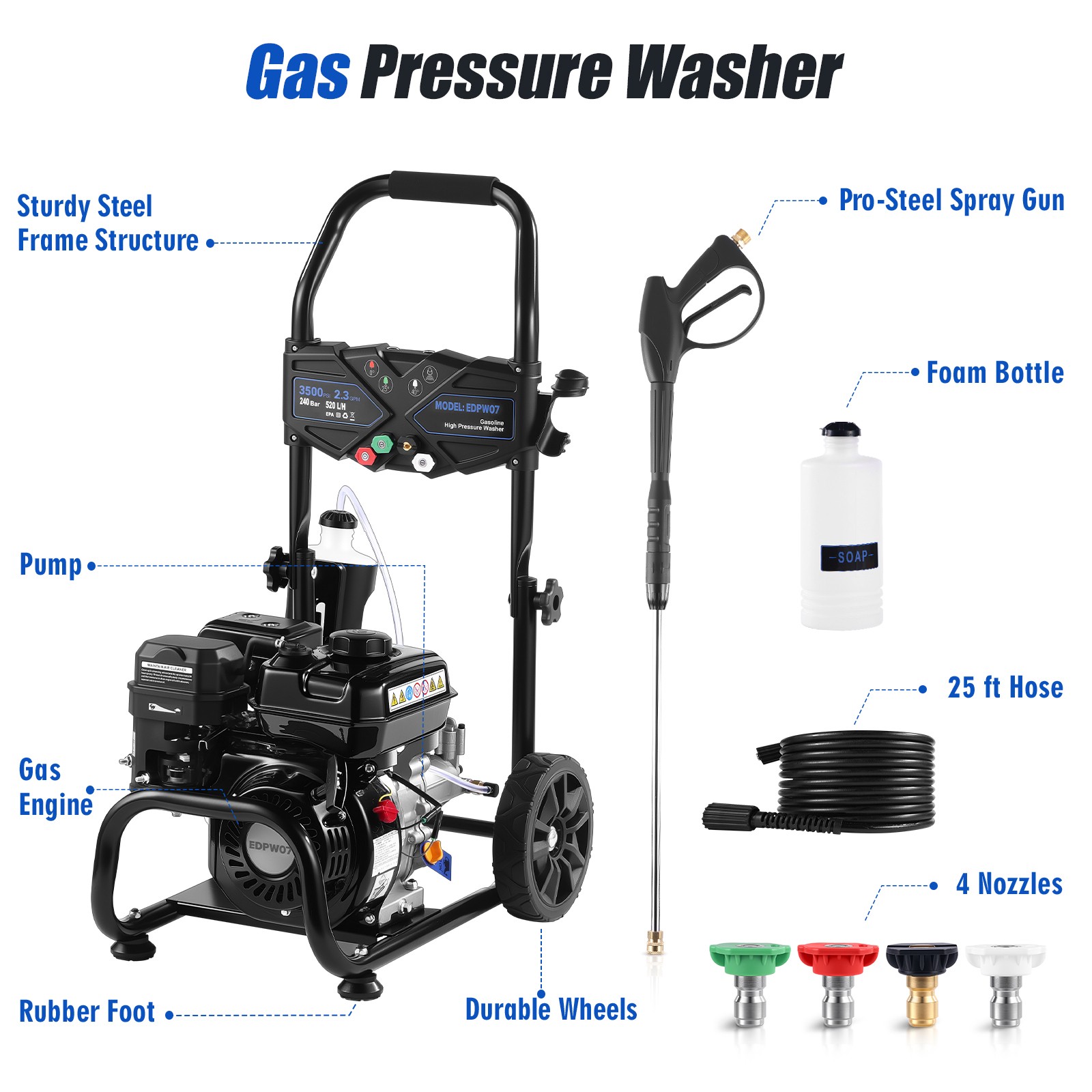 Efurden Gas Pressure Washer 3500 PSI 4 Nozzles Gas Powered Washer 2.3 GPM 209cc