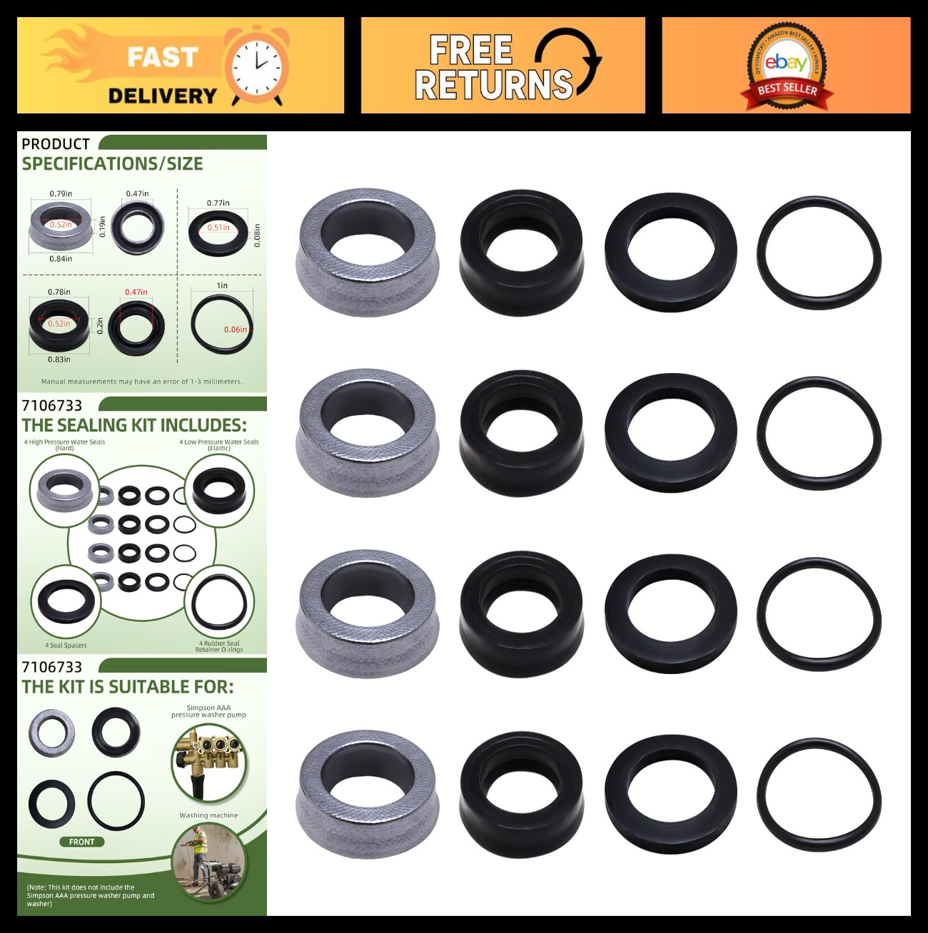 Pressure Washer Seal Kit for Simpson AAA 53BRD35/38/40 – High/Low Pressure Repai