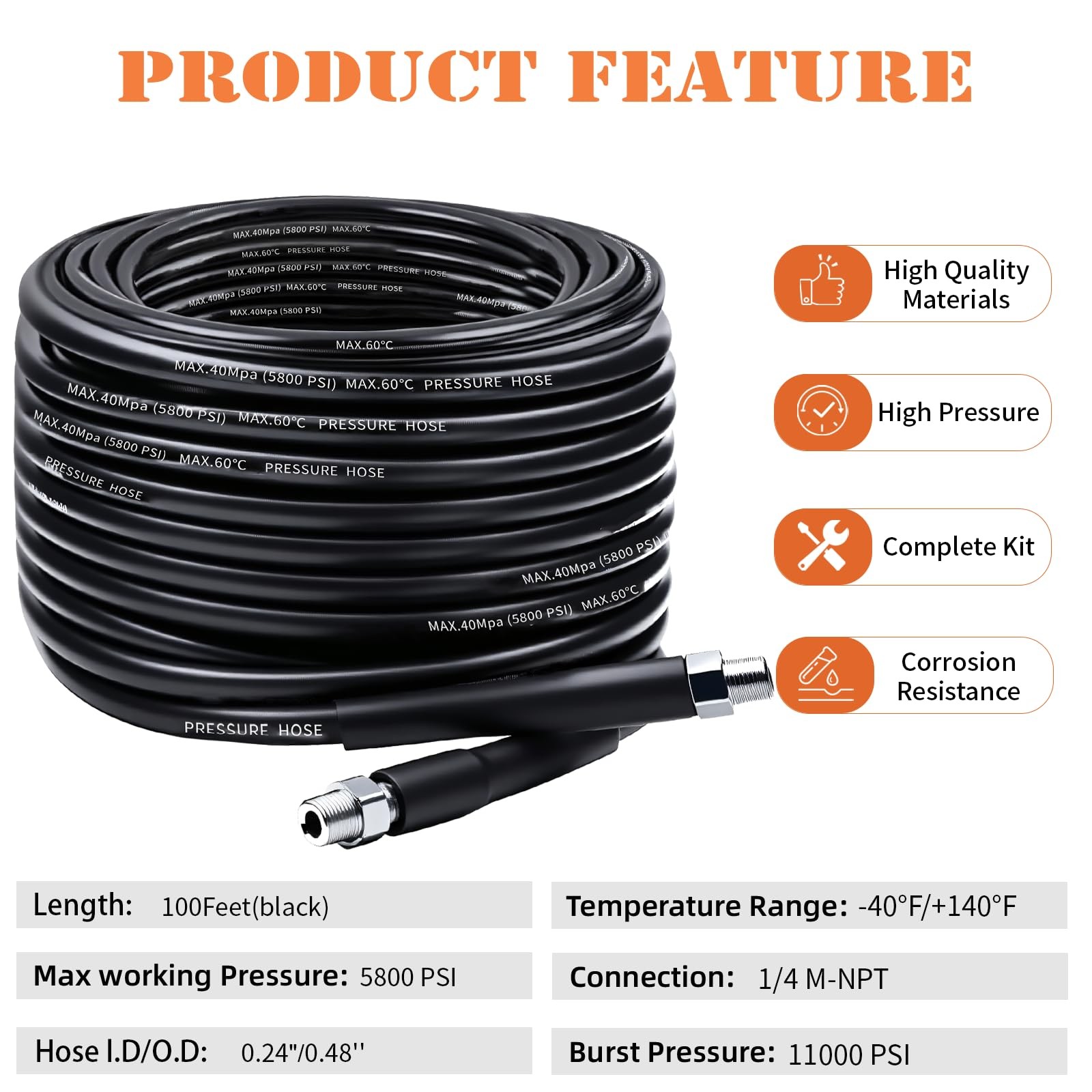 Sewer Jetter Kit 100FT 5800PSI 1/4 Inch NPT 4 Button Nose Nozzles Black
