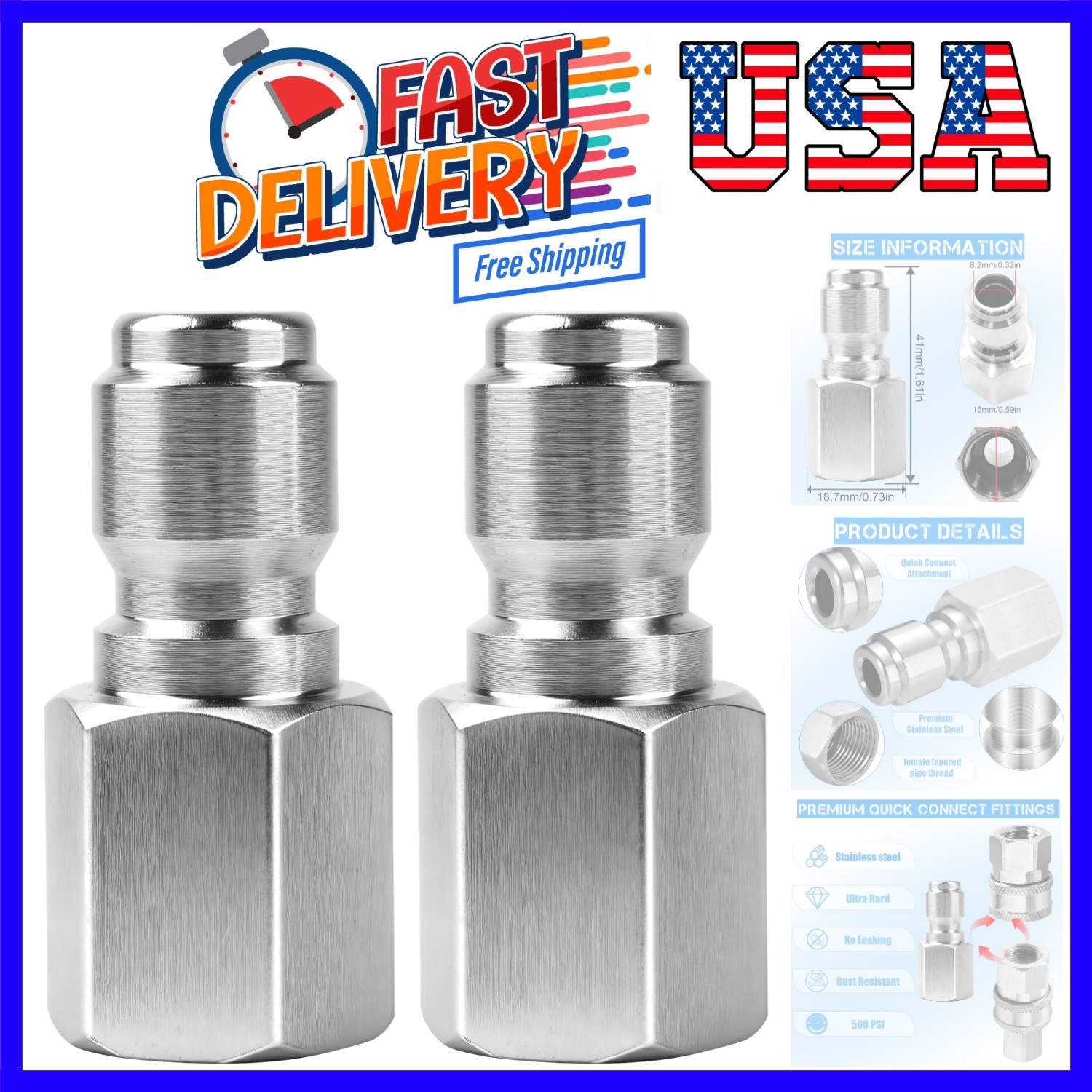 2Pcs Pressure Washer Coupler – Stainless Steel 1/4″ or 3/8″ Male Quick Connec…