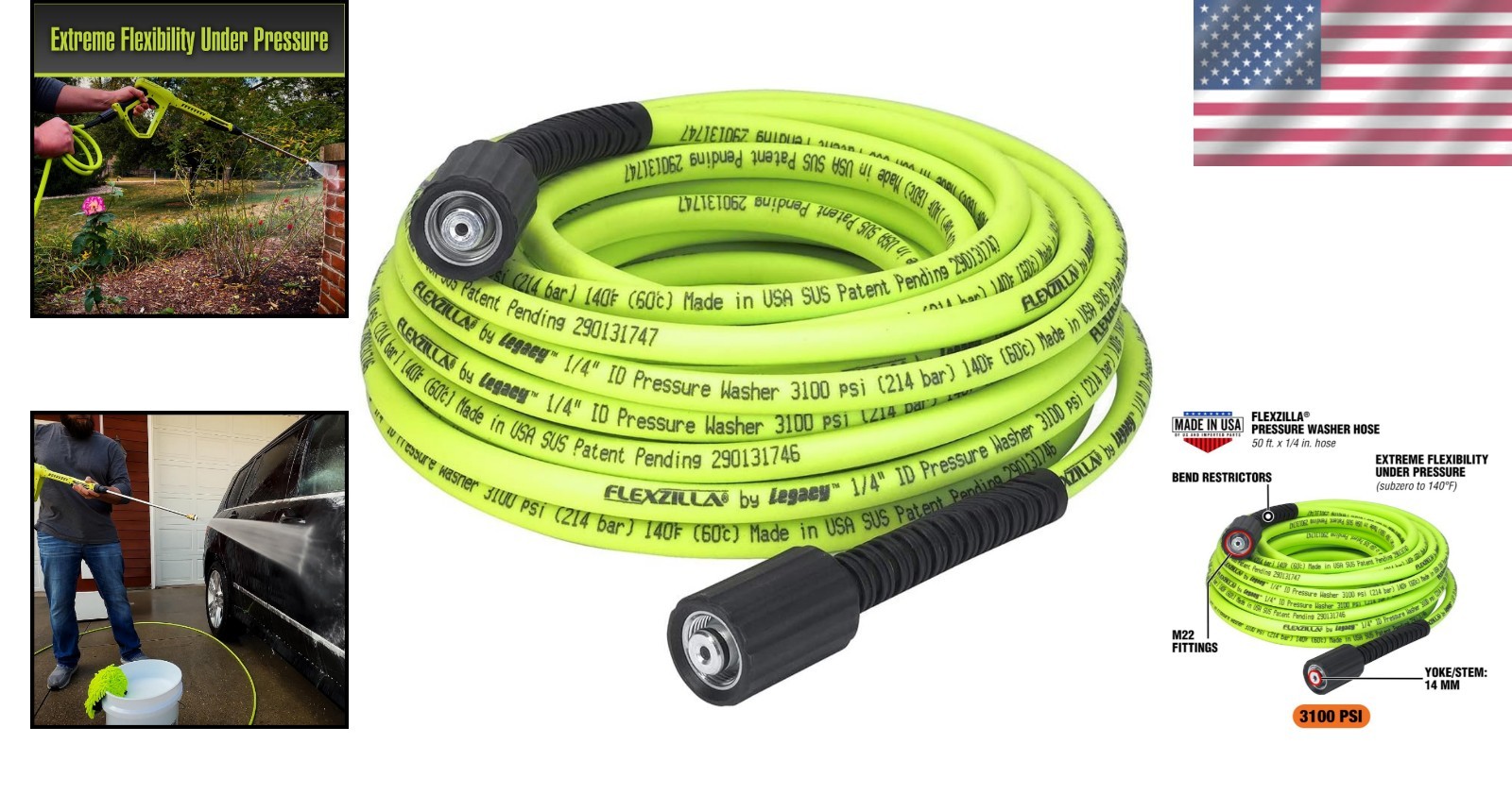 50 ft Pressure Washer Hose with M22 Fittings – Flexible Hybrid Polymer, 3100 PSI