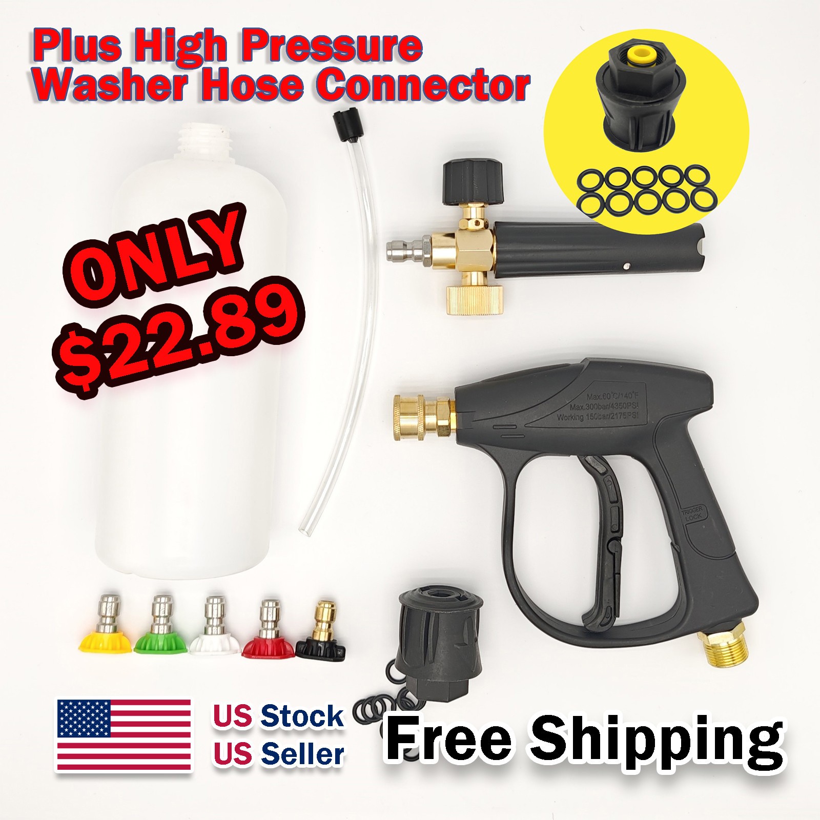 1/4″ Snow Foam Pressure Washer Gun Car Wash Soap Lance Cannon Spray Jet Bottle