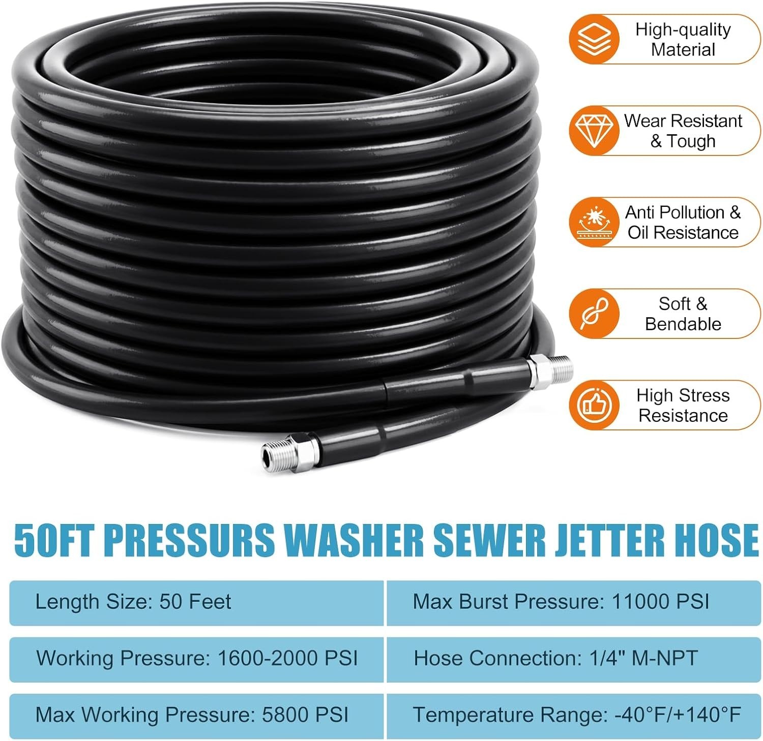 Drain Jetter Kit for Pressure Washer 50FT, 5800 PSI Sewer Jetter Hose Kit with 4