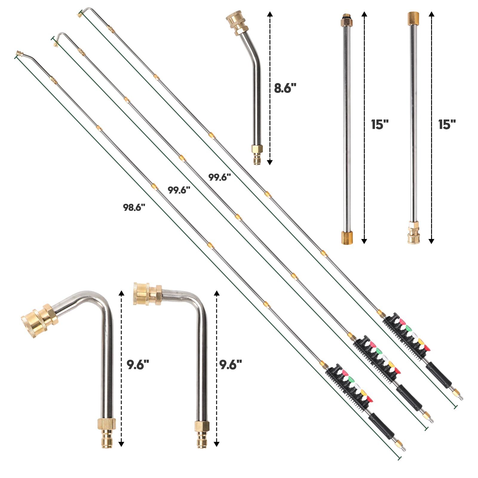 Pressure Washer Wand Set 9 PCS Lance 6 Nozzle Tips Curved Rod 1/4 Connect