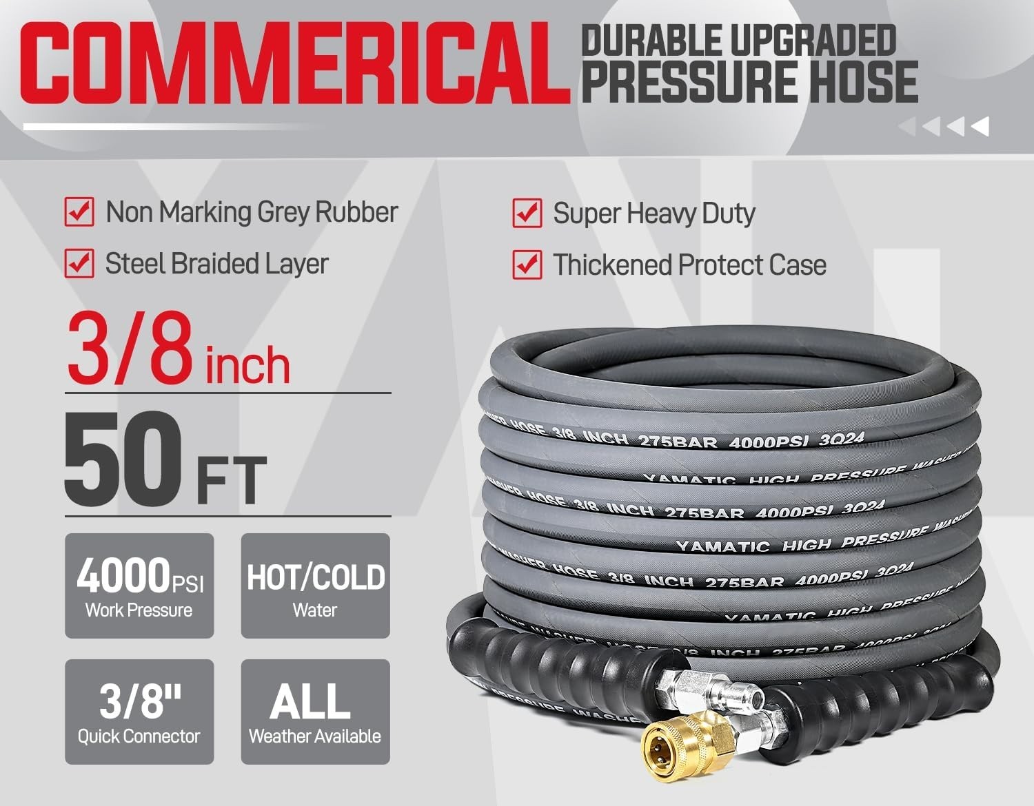3/8″ ID Pressure Washer Hose 50 FT, 4000 PSI, Kink-Resistant 3/8Inch Swivel Q…