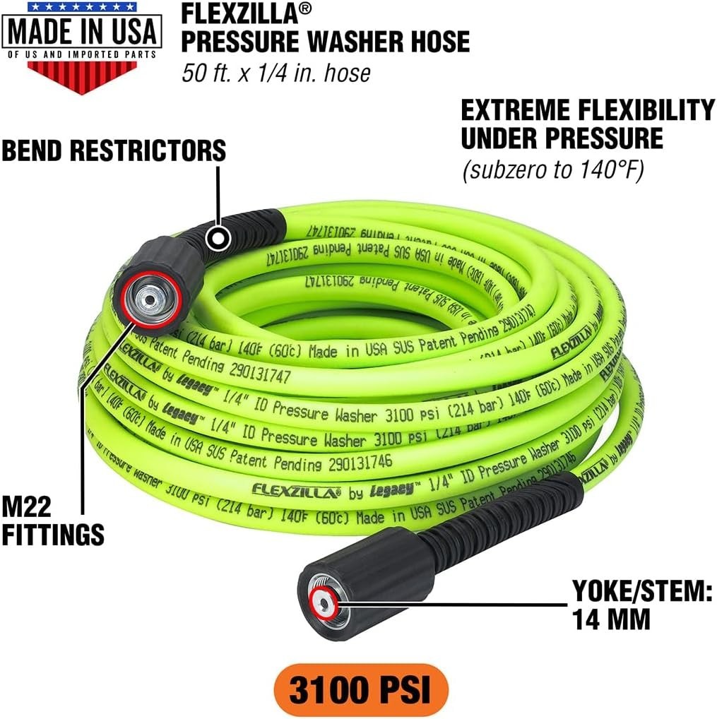 50 ft Pressure Washer Hose with M22 Fittings – Flexible Hybrid Polymer, 3100 PSI