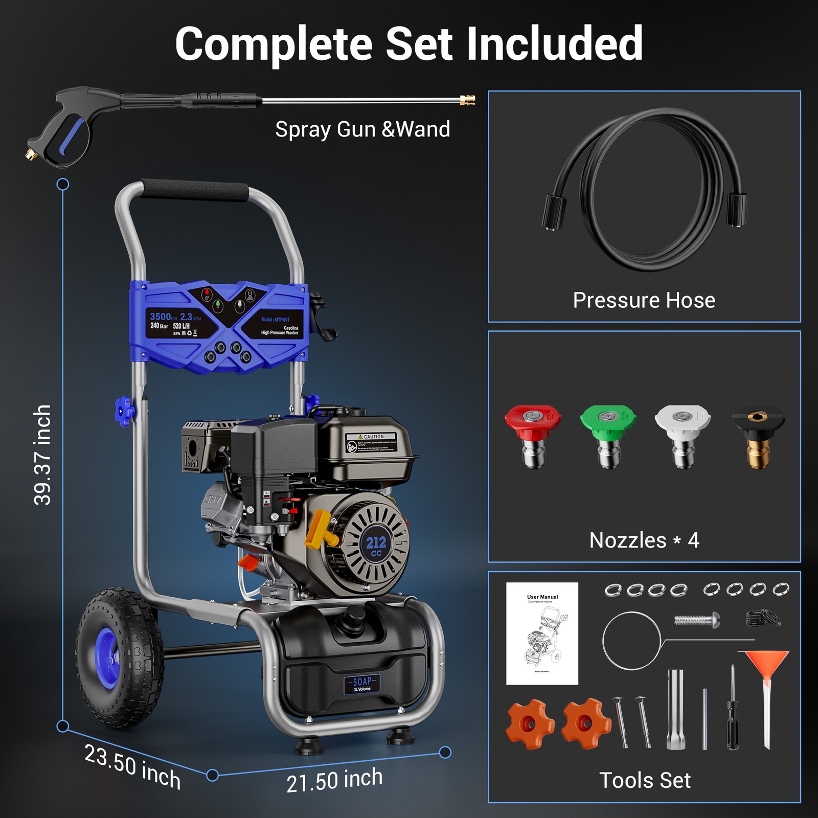Mutaomay Cold Water Pressure Washer Gasoline Power Washer 3500PSI 2.3GPM 212CC