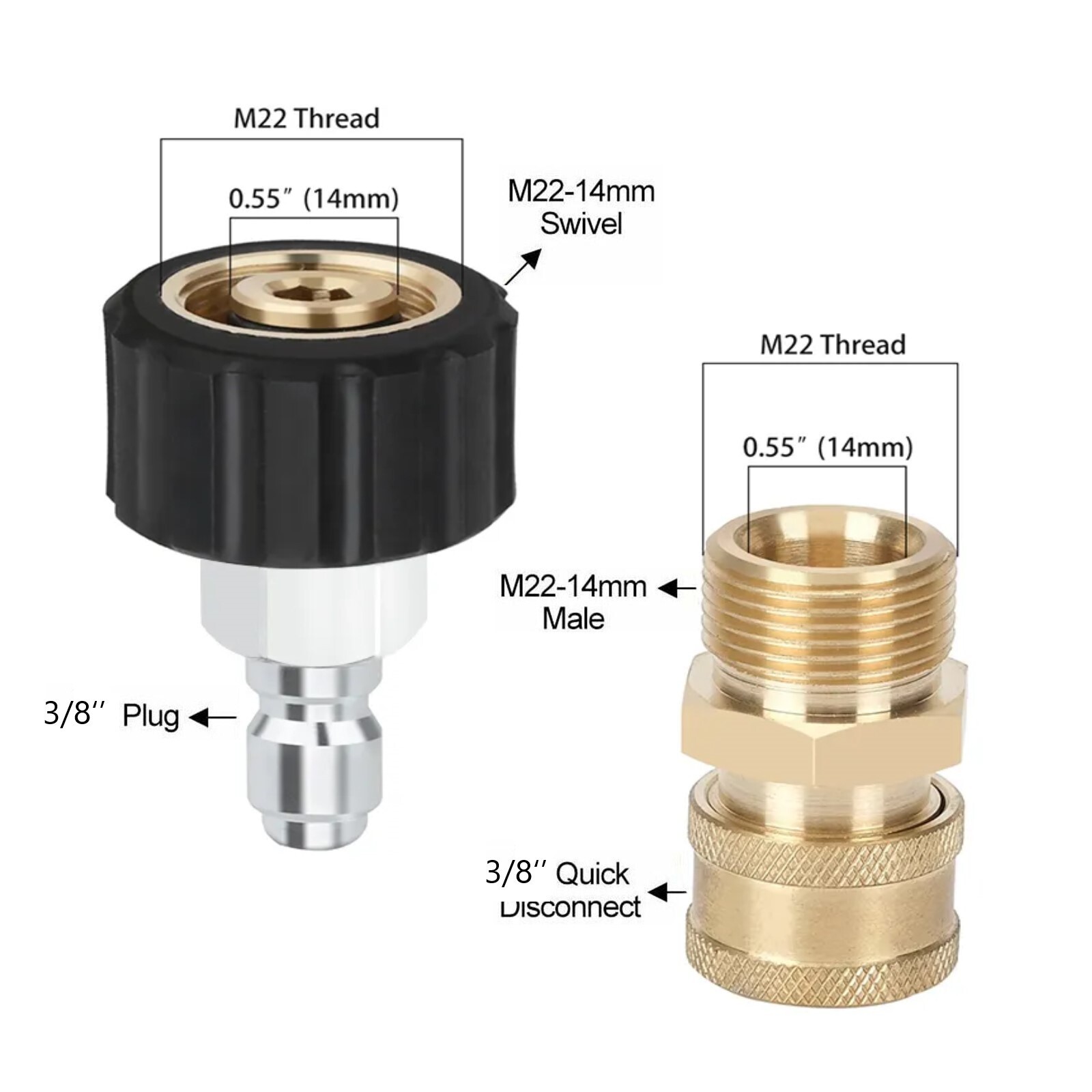 High Pressure Washer Adapter Set Quick Connector M22 (M22-14MM) to 3/8” & 1/4”